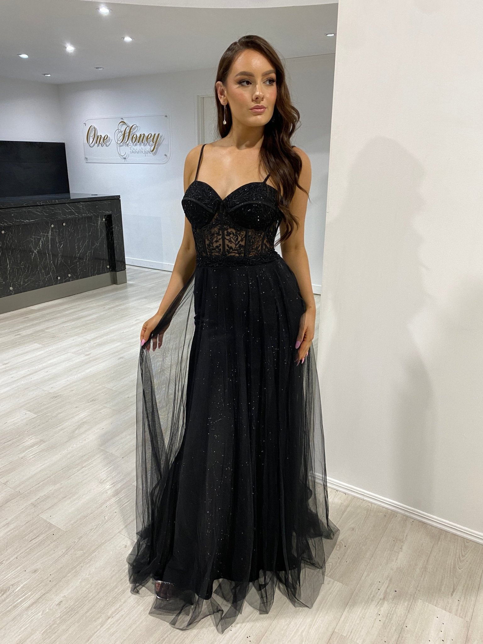 Honey Couture NOELLA Black Glitter Tulle Bustier Formal Dress in Australia | One Honey Boutique