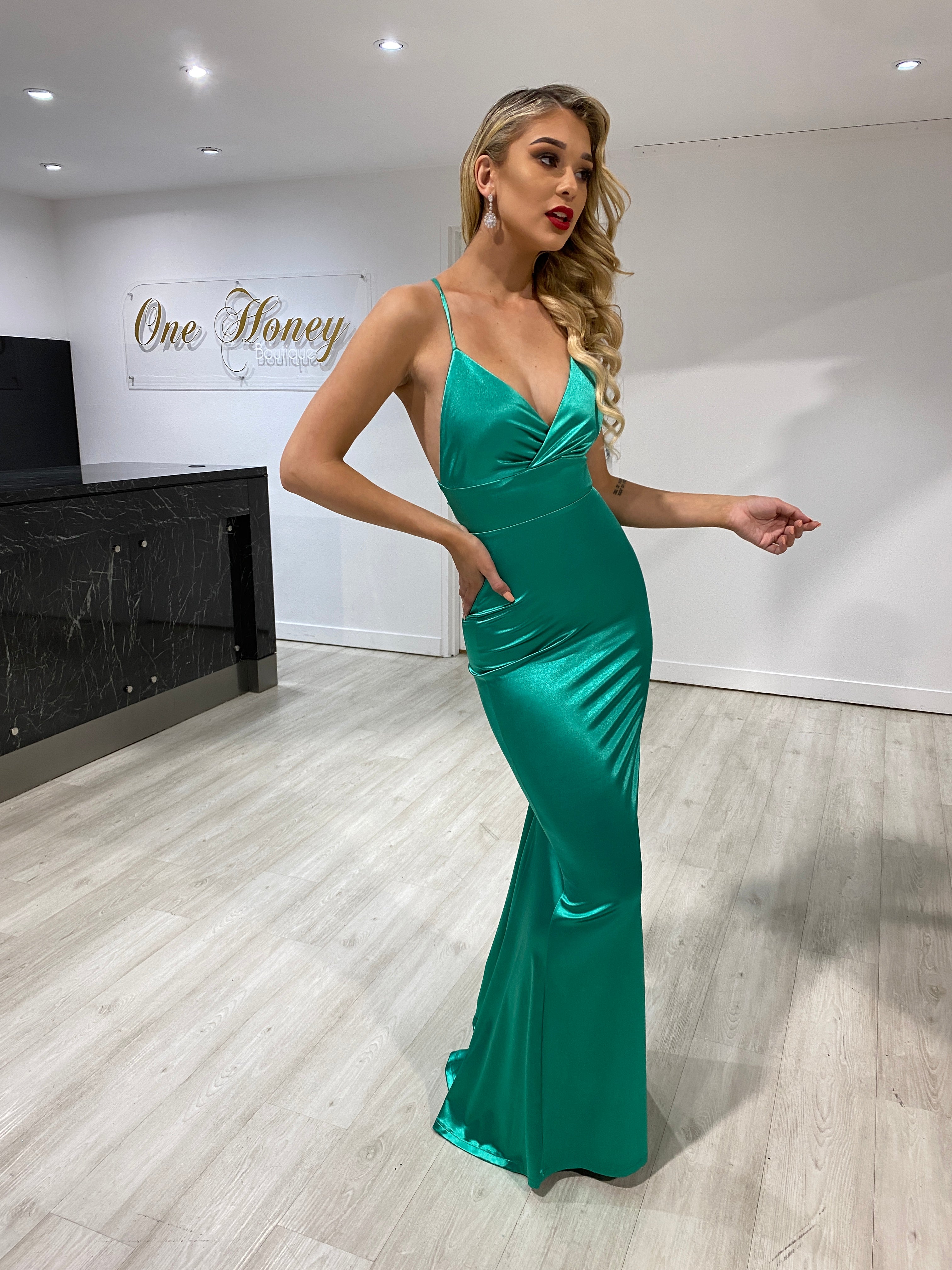 Honey Couture RIKKI Green Open Lace Up Back Formal Dress