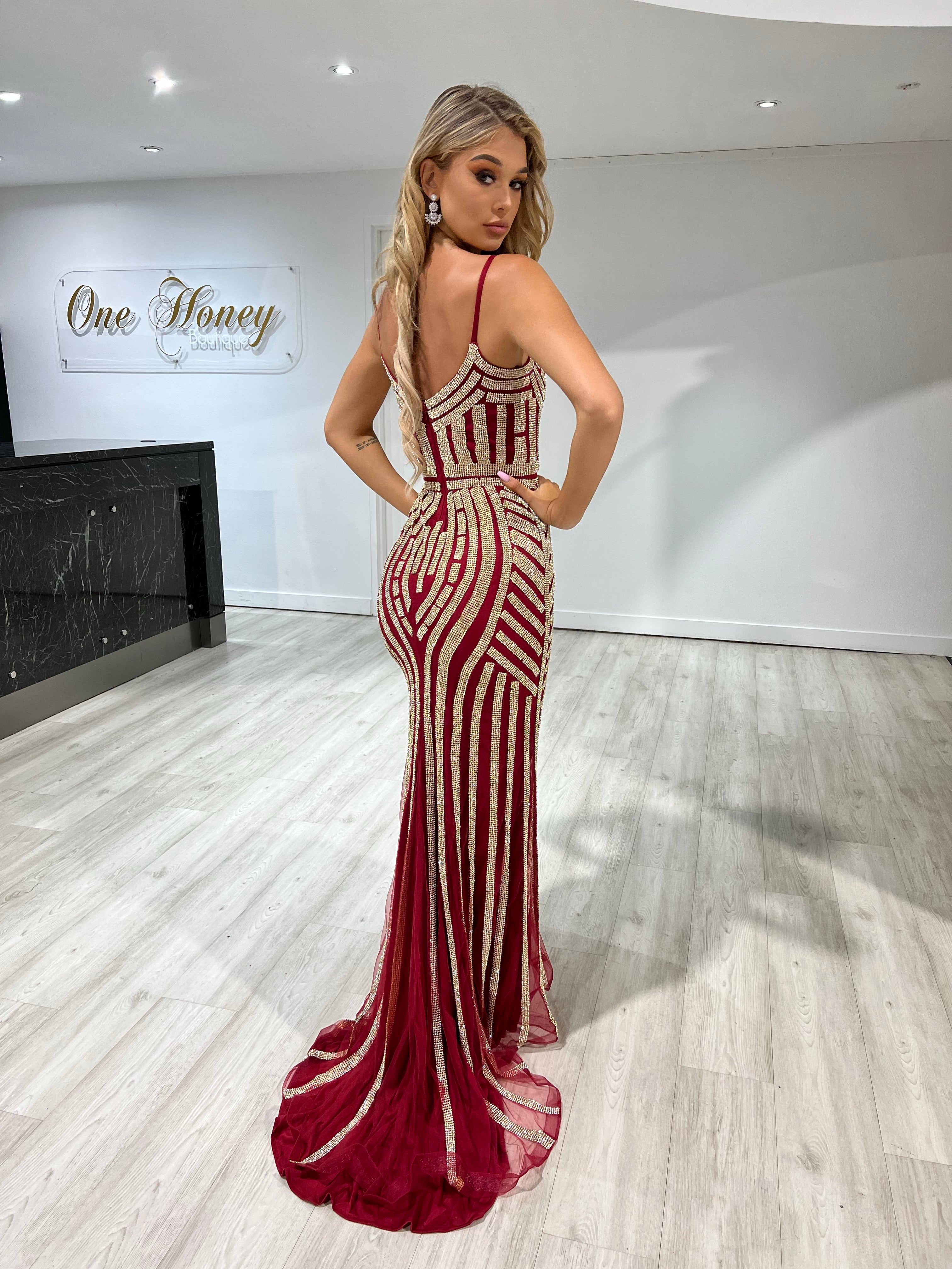 Honey Couture DIAMONDS Red Sequin Mermaid Formal Gown Dress