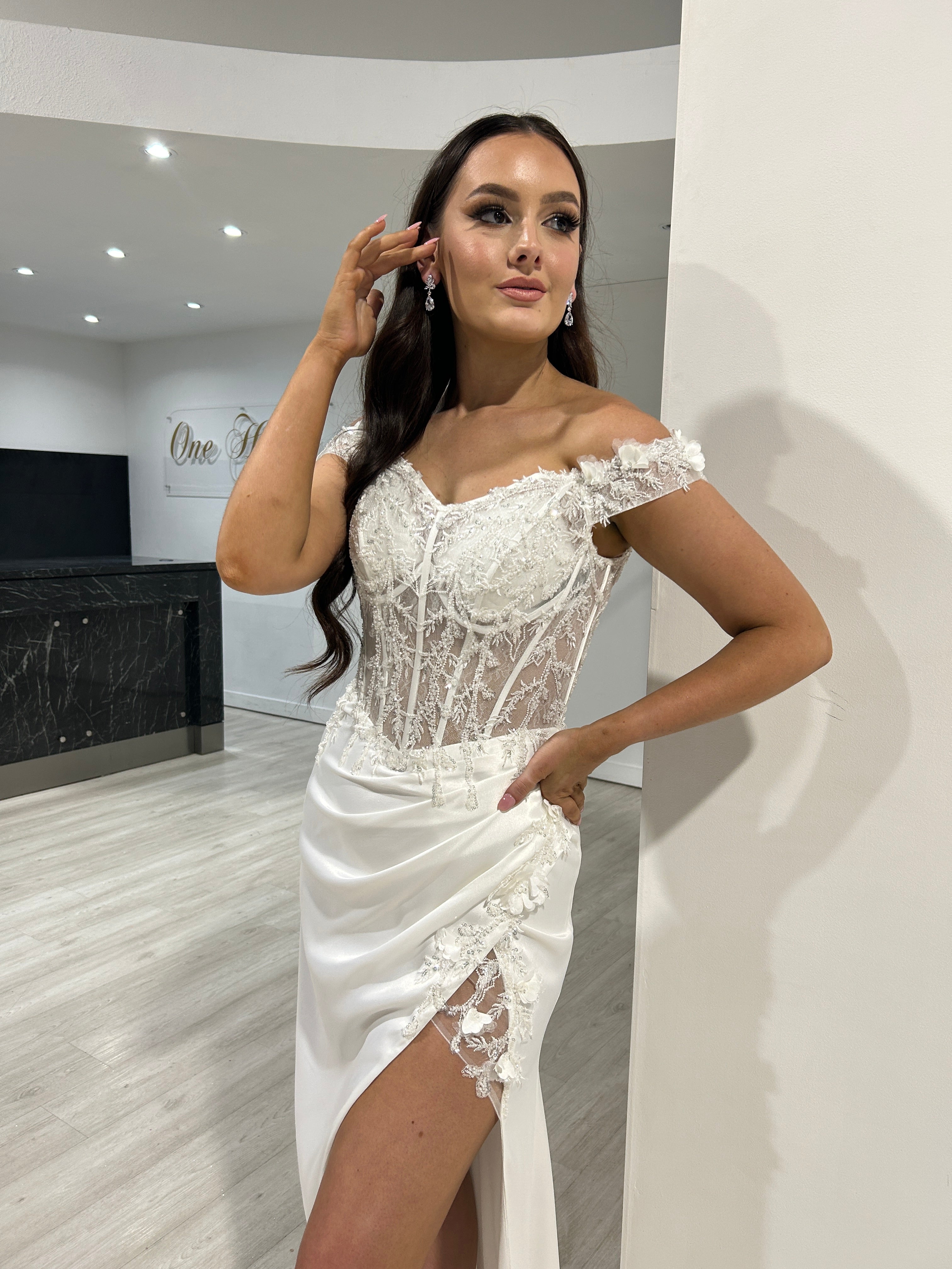 Honey Couture THELMA Off White Sequin Bustier Corset Satin Mermaid Formal Dress
