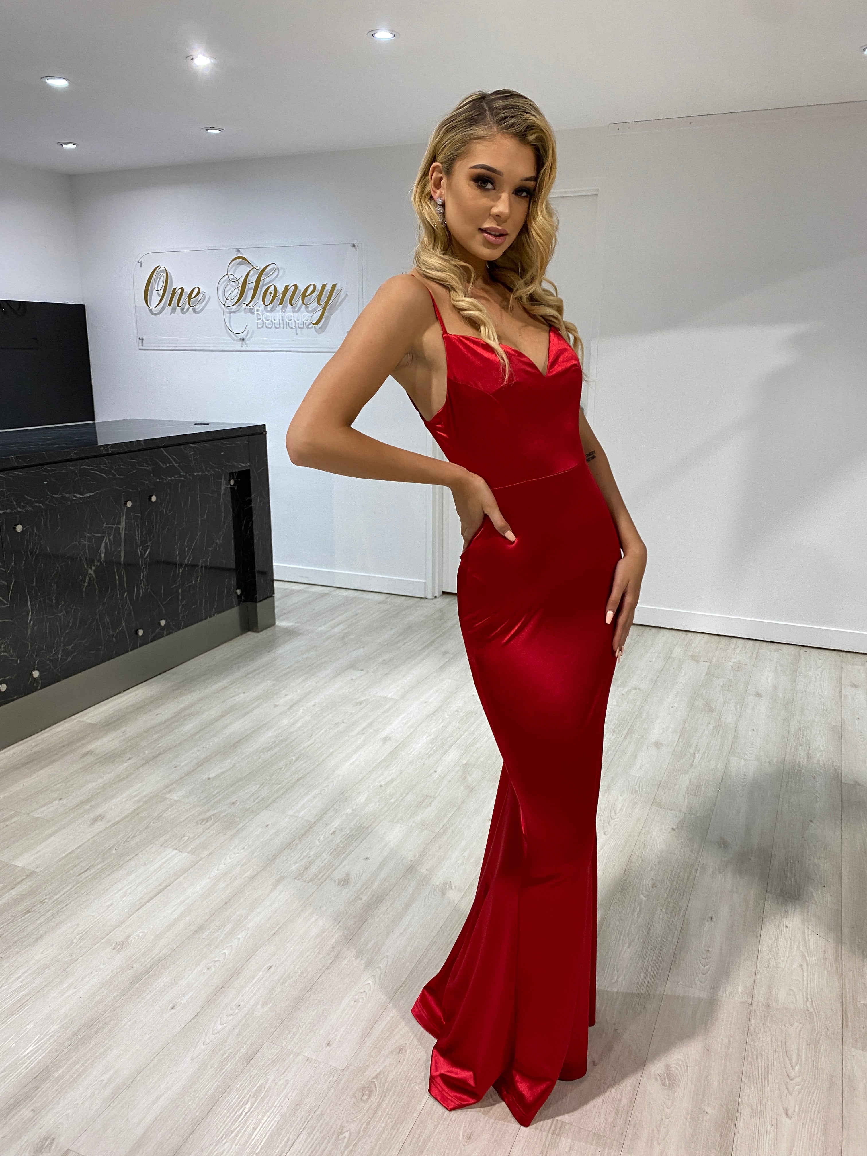 Honey Couture DANA Red Bum Ruching Cut Out Back Formal Dress