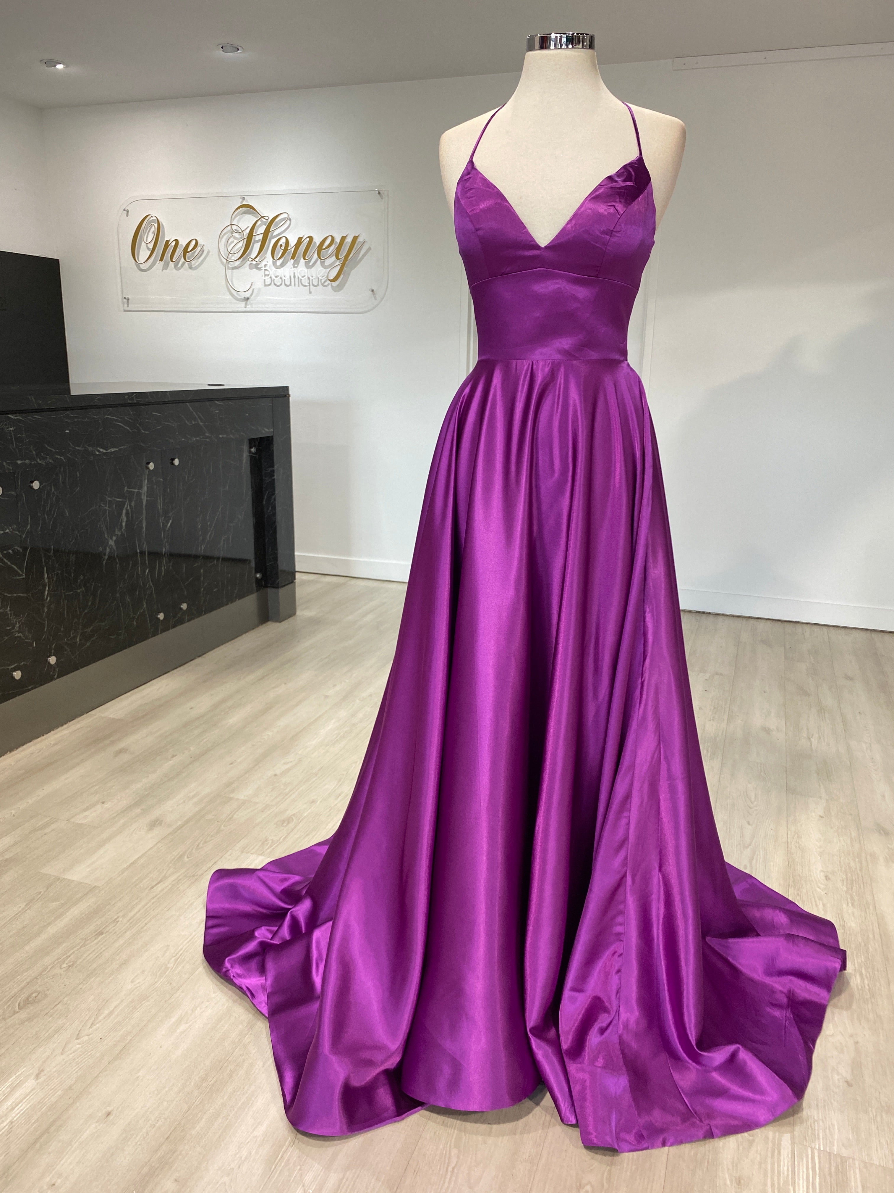 Honey Couture LUCINDA Lace Up Back Satin A Line Formal Dress