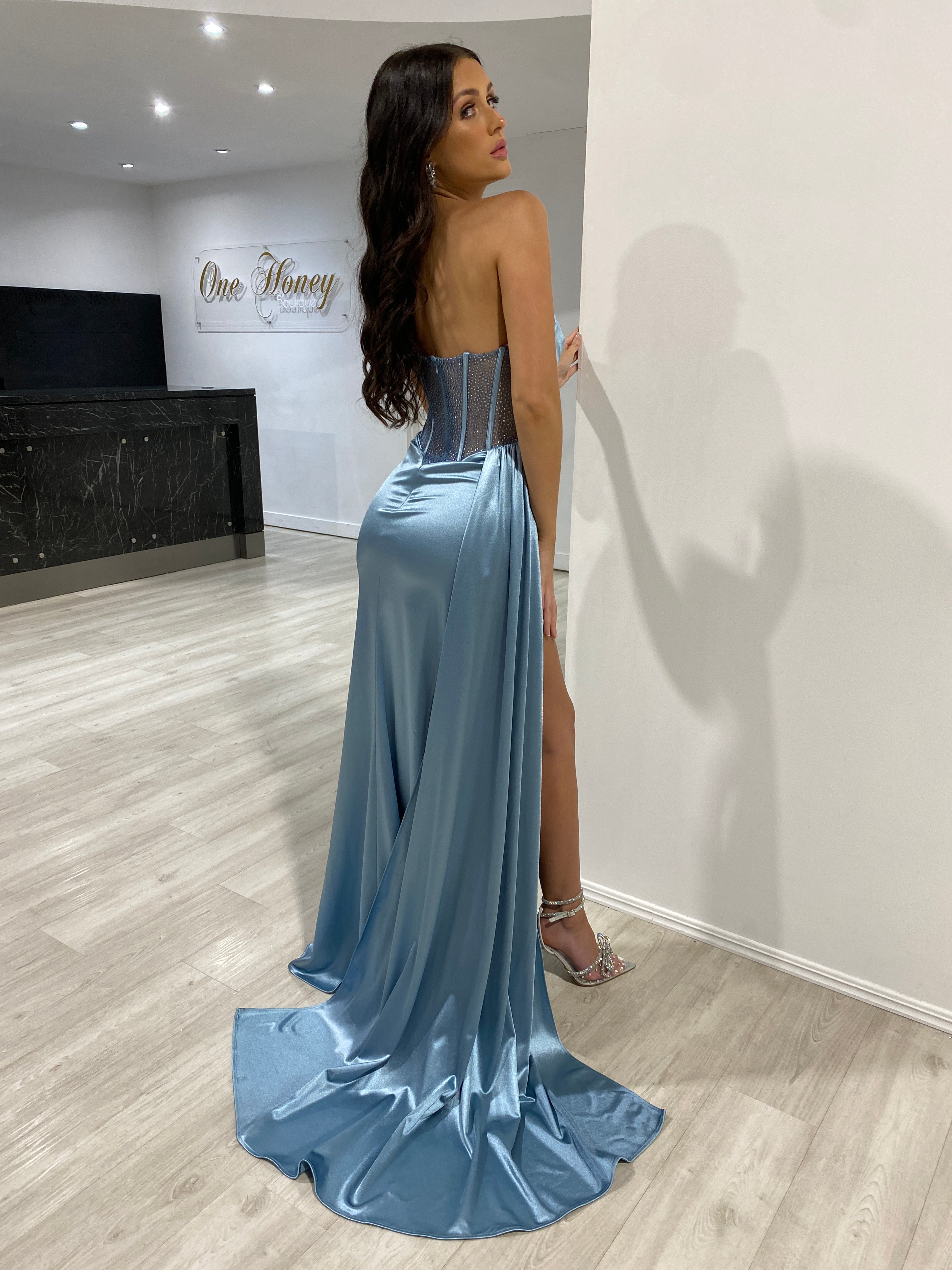 Honey Couture GIGI Dusty Blue Corset Sparkle Bustier Strapless Mermaid Formal Gown Dress