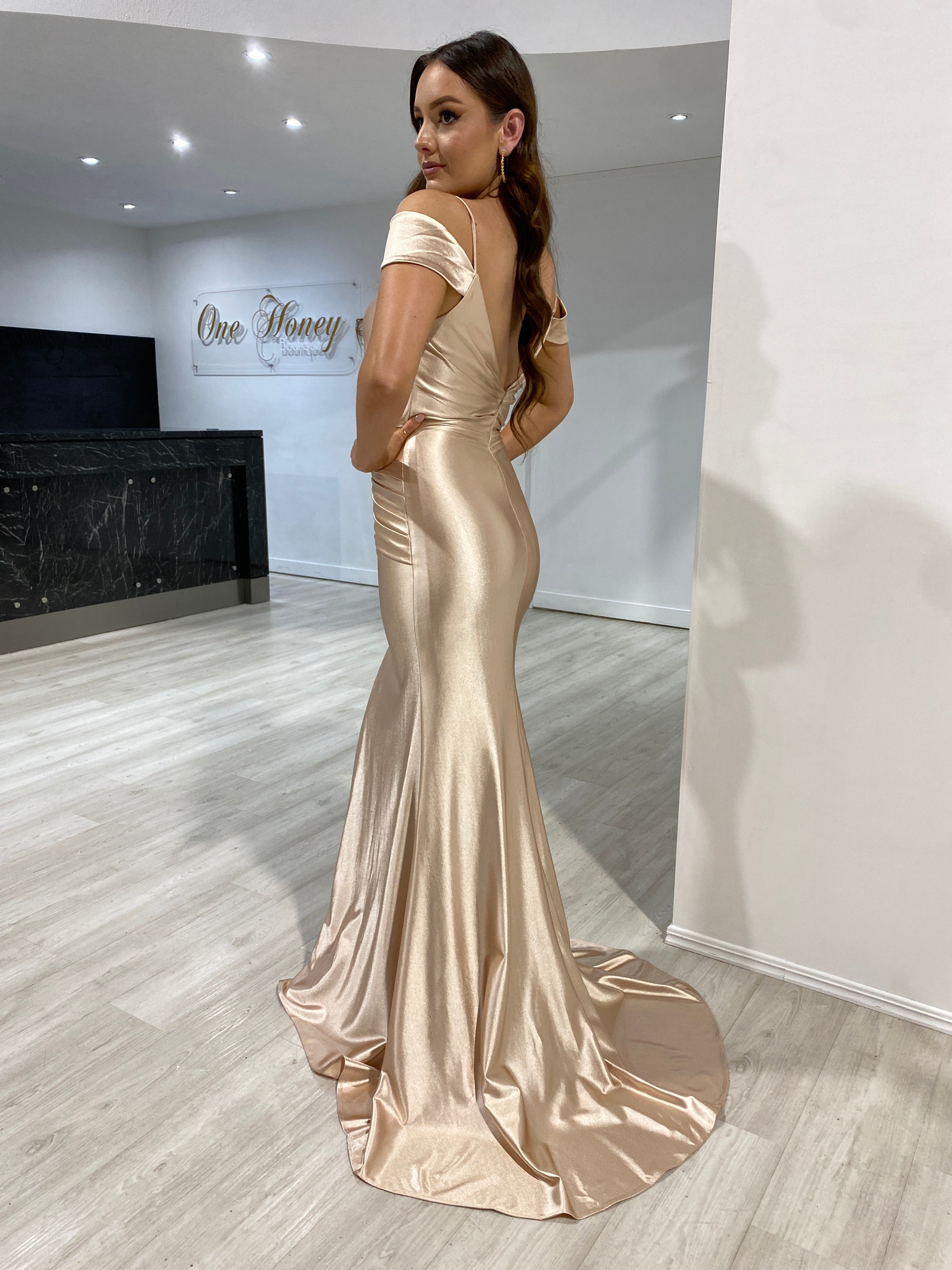 Honey Couture ROMY Champagne Silky Off Shoulder Formal Dress