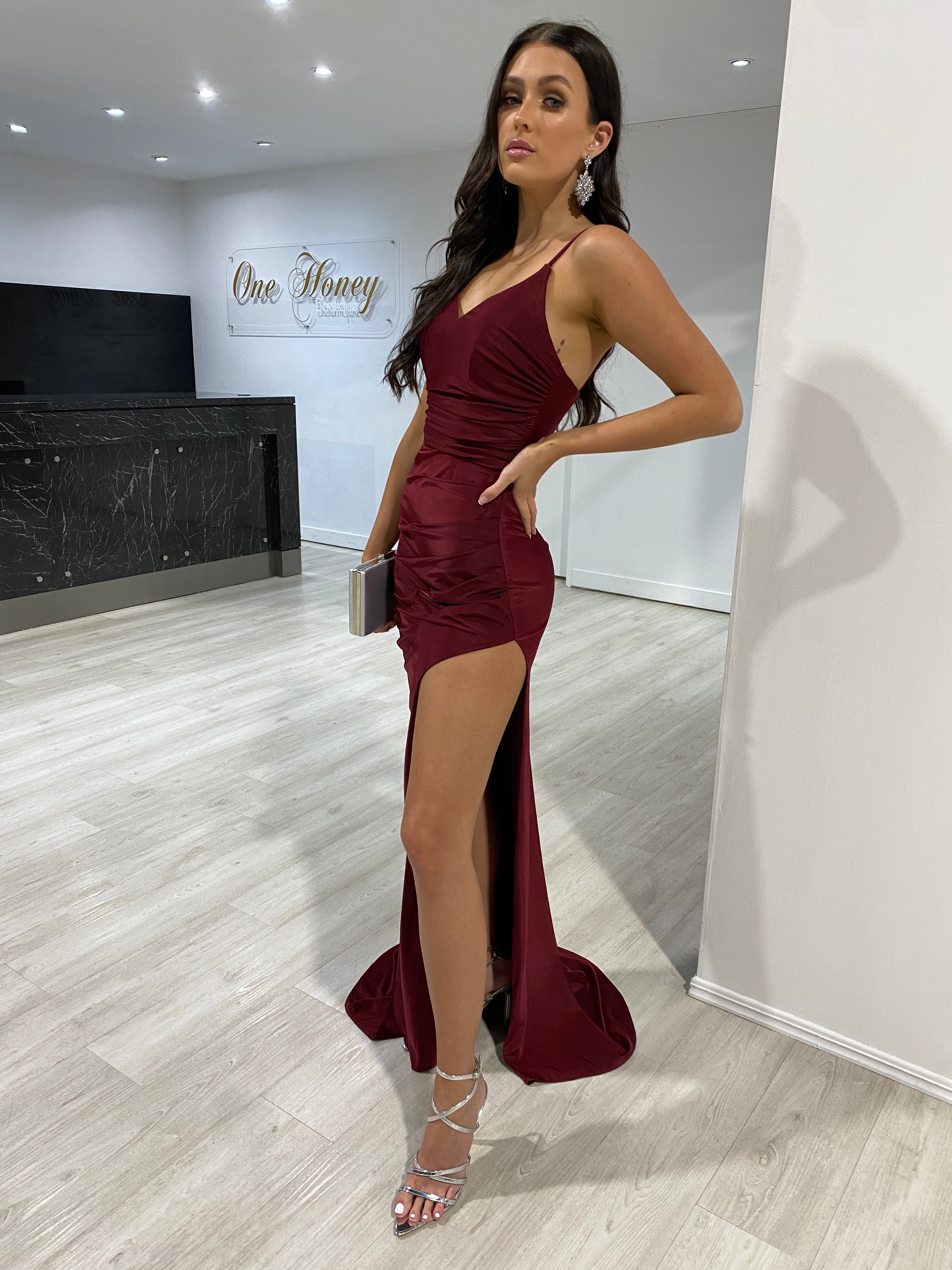 Honey Couture ZURI Burgundy Corset Ruched Formal Gown Dress