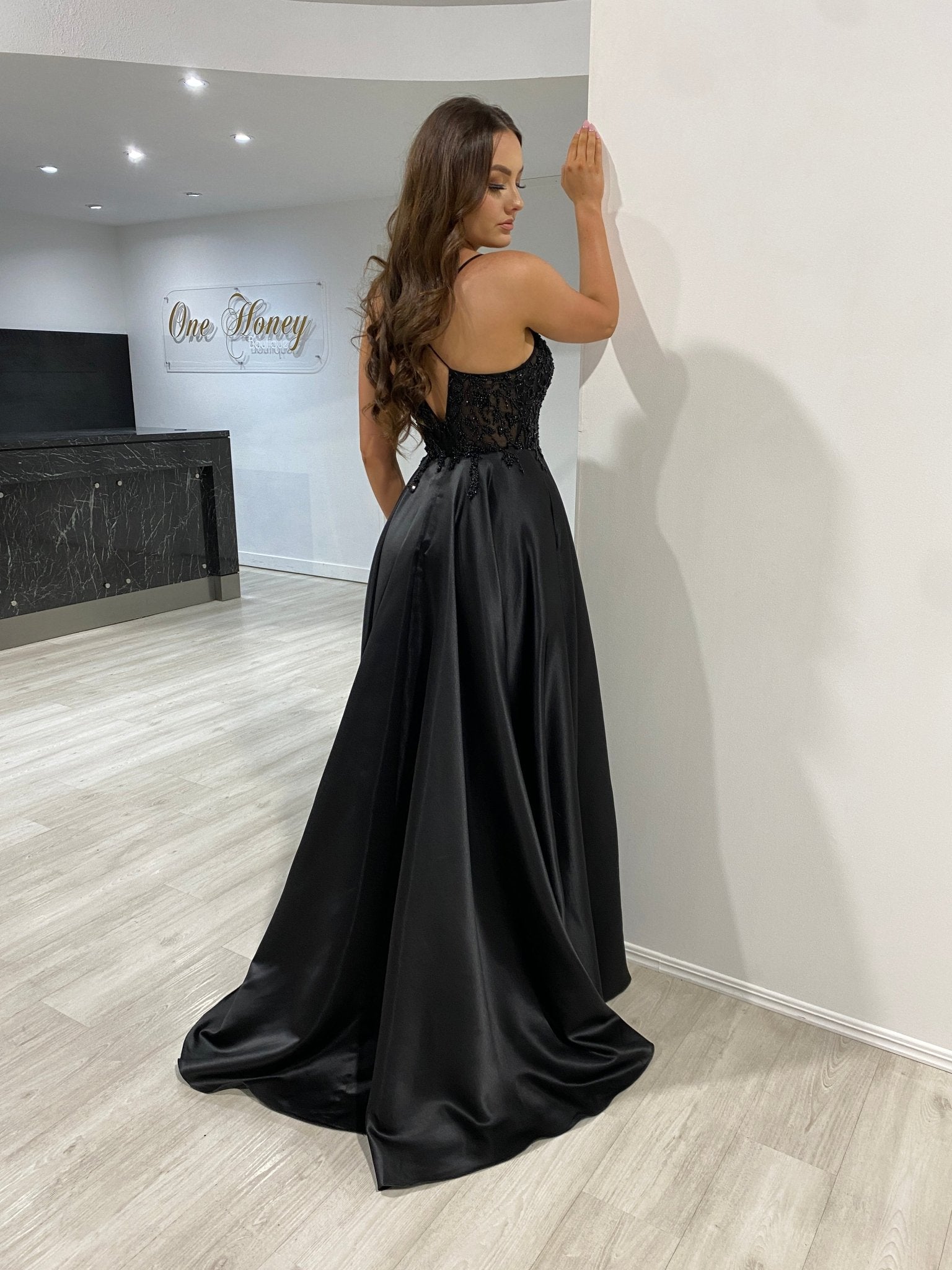 Honey Couture ALICE Black Satin A Line Beaded Bodice Formal Dress in Australia | One Honey Boutique