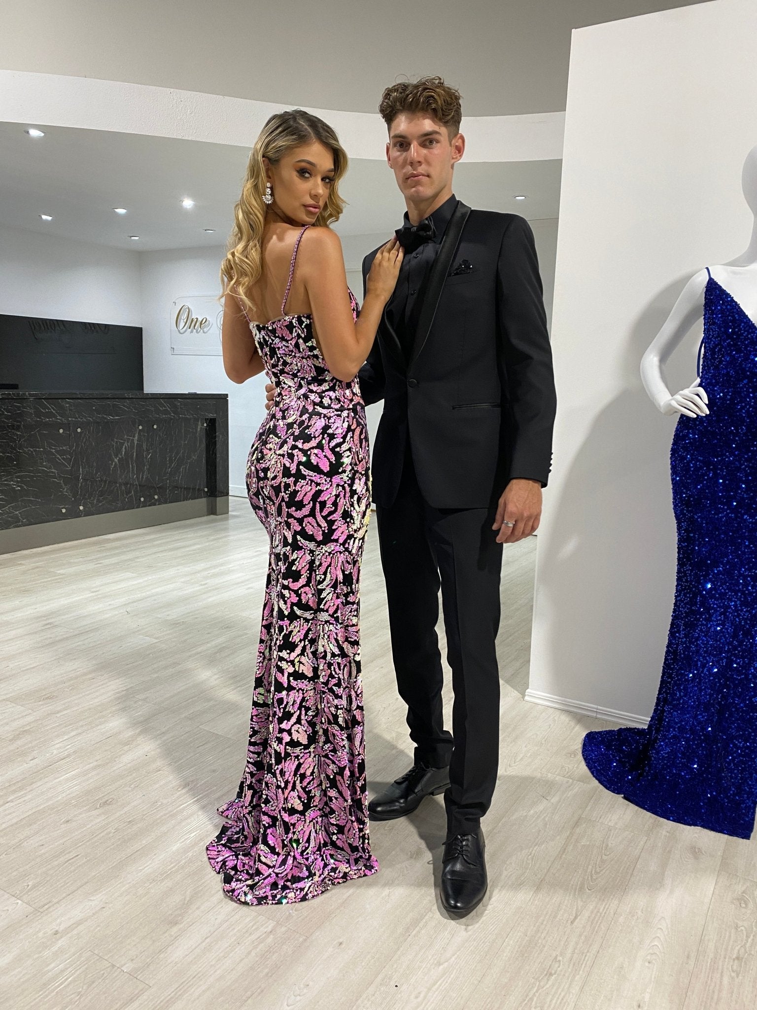 Honey Couture FELICITY Pink & Black Iridescent Formal Gown in Australia | One Honey Boutique