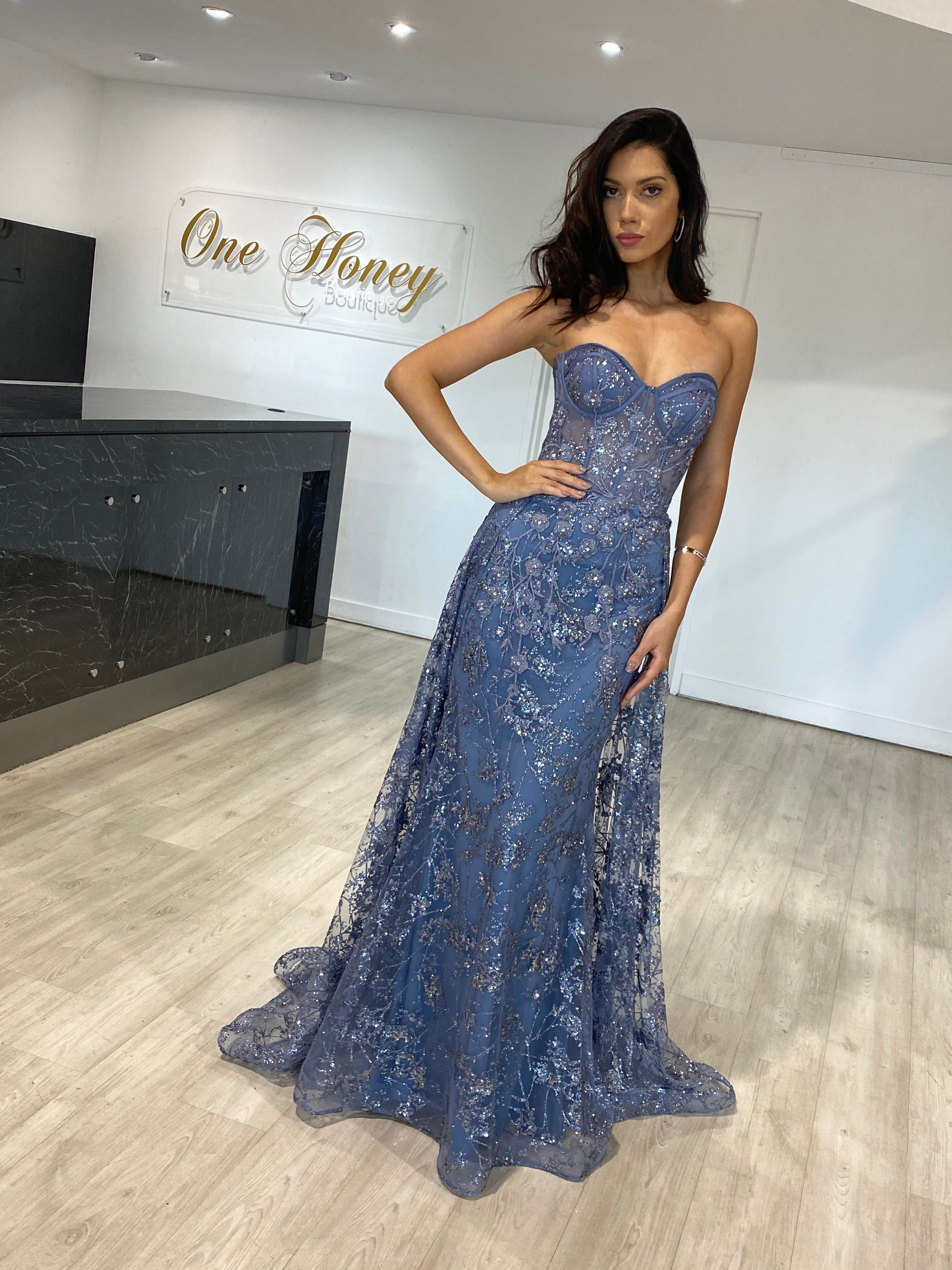 Honey Couture ASTRA Blue Glitter Strapless Corset Overskirt Formal Dress