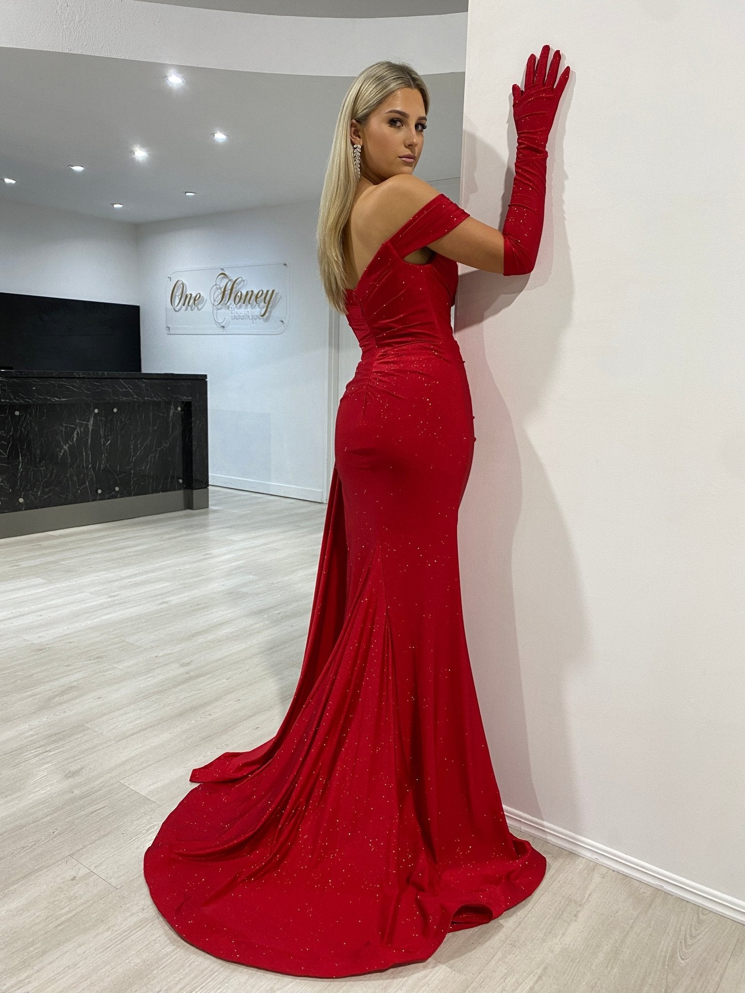 CHRISTINA Off Shoulder Glitter Shimmer Formal Dress w Gloves in Australia | One Honey Boutique