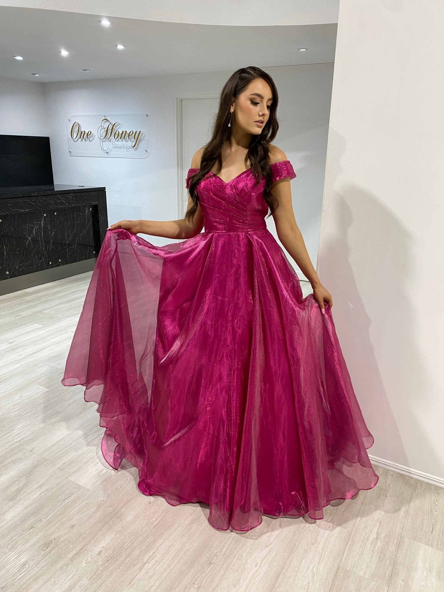 SARIA Off Shoulder Shimmer Ballgown Prom & Formal Dress in Australia | One Honey Boutique