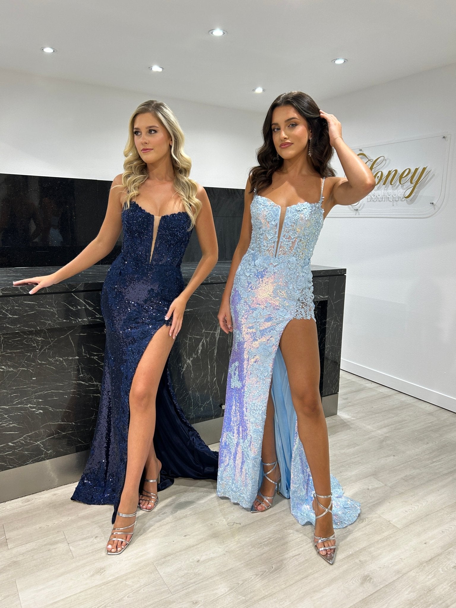 Sherri Hill 55059 Light Blue Sequin Lace Embellishment Corset Leg Split Formal Dress in Australia | One Honey Boutique