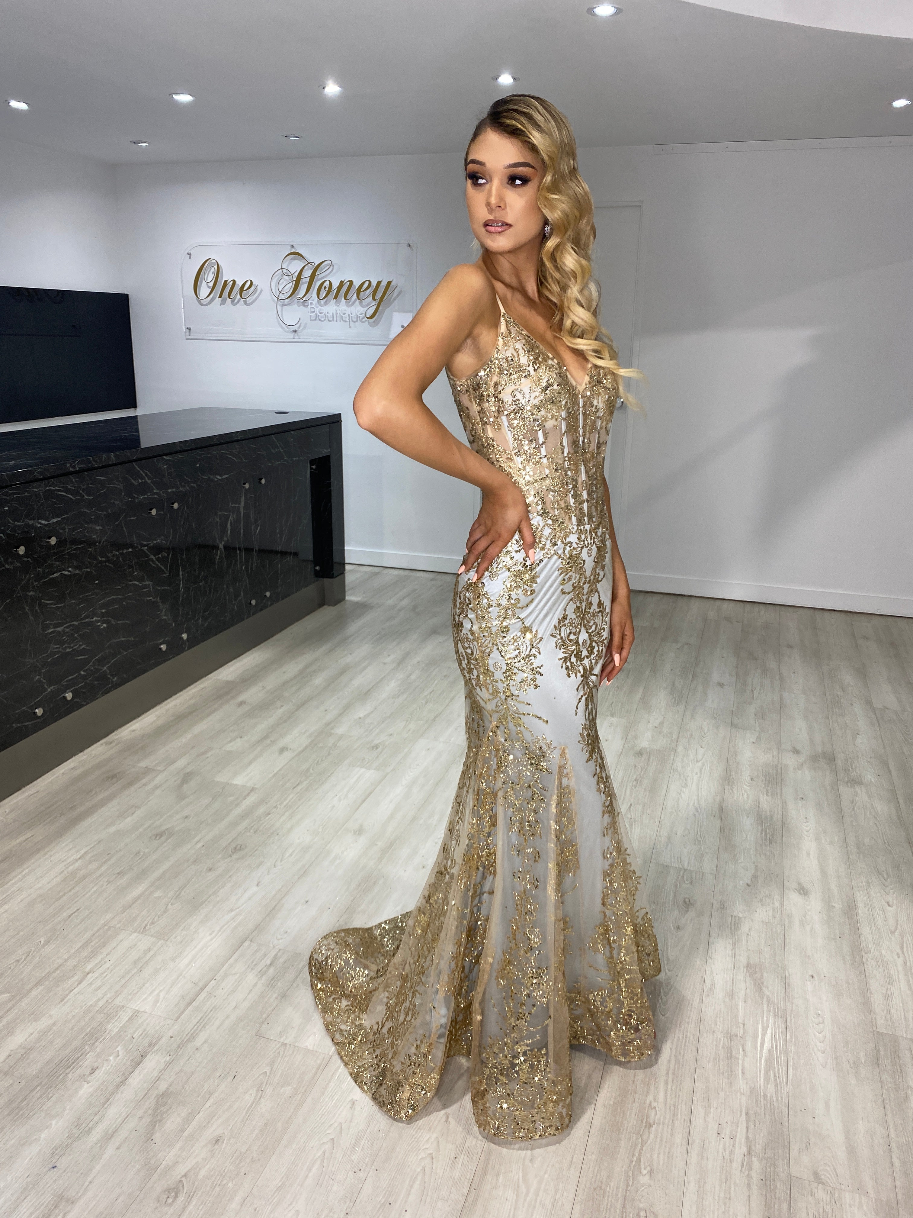 Honey Couture CAROLE Gold Mist Sequin Corset Mermaid Formal Gown Dress