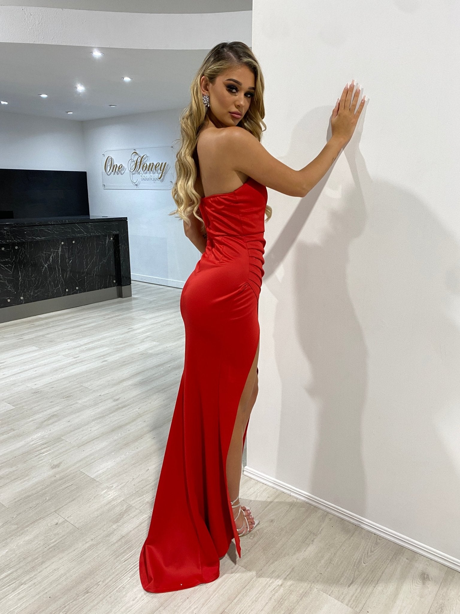Honey Couture CYNTHIA Red Silky Bustier Strapless Mermaid Formal Dress in Australia | One Honey Boutique