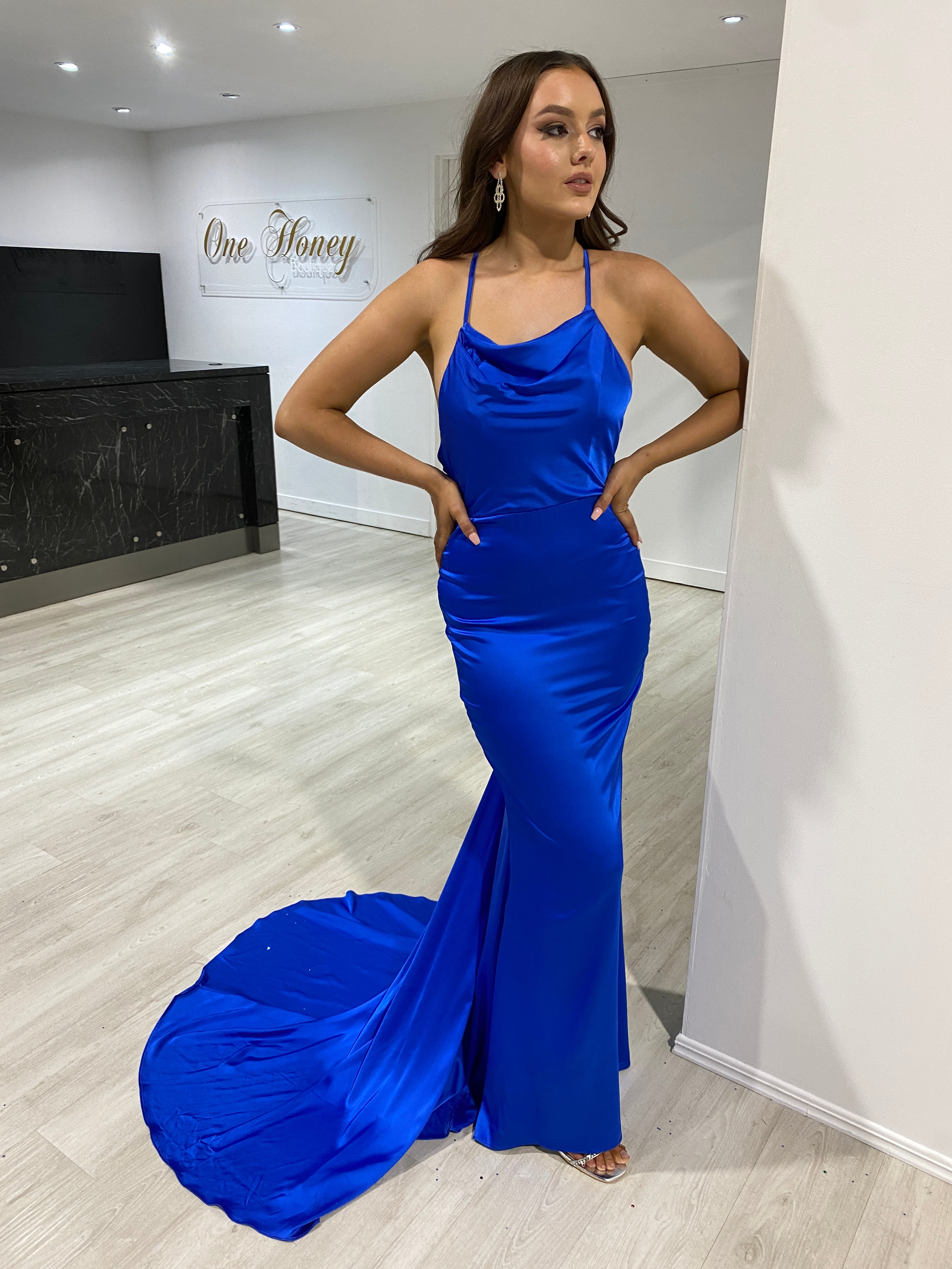 Honey Couture CANDICE Electric Blue Silky Low Back Mermaid Formal Dress