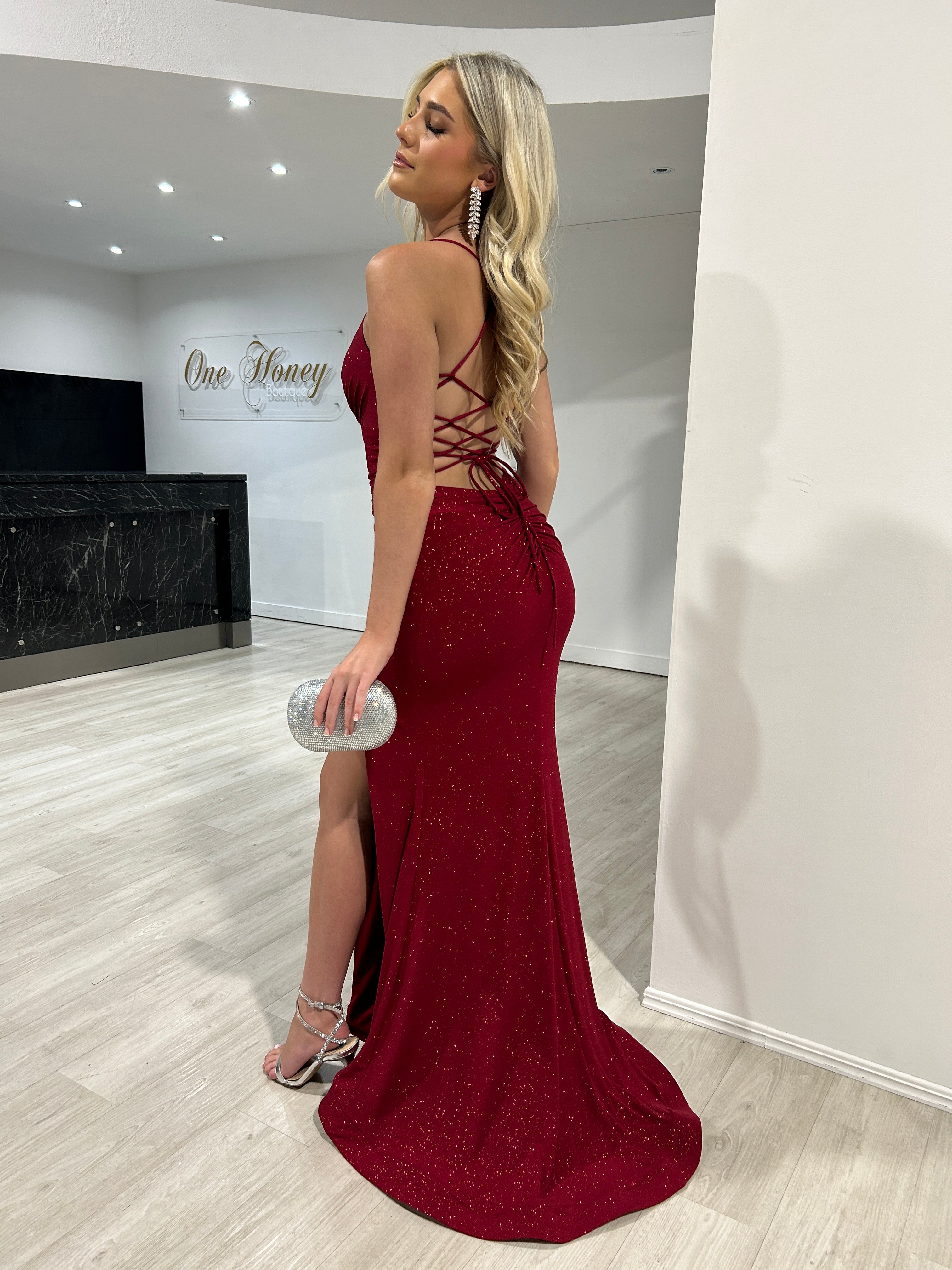Honey Couture MISTELLA Red Crystal Feature Mermaid Formal Gown