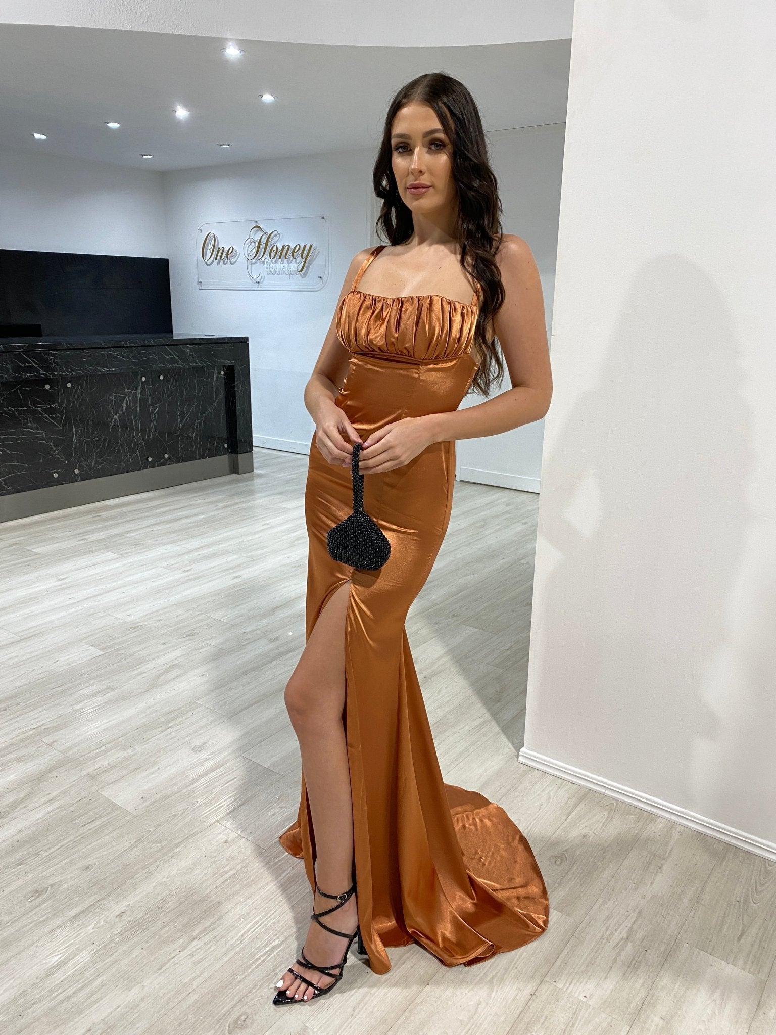 JENNA Silky Tie Back Semi Formal Prom Dress in Australia | One Honey Boutique