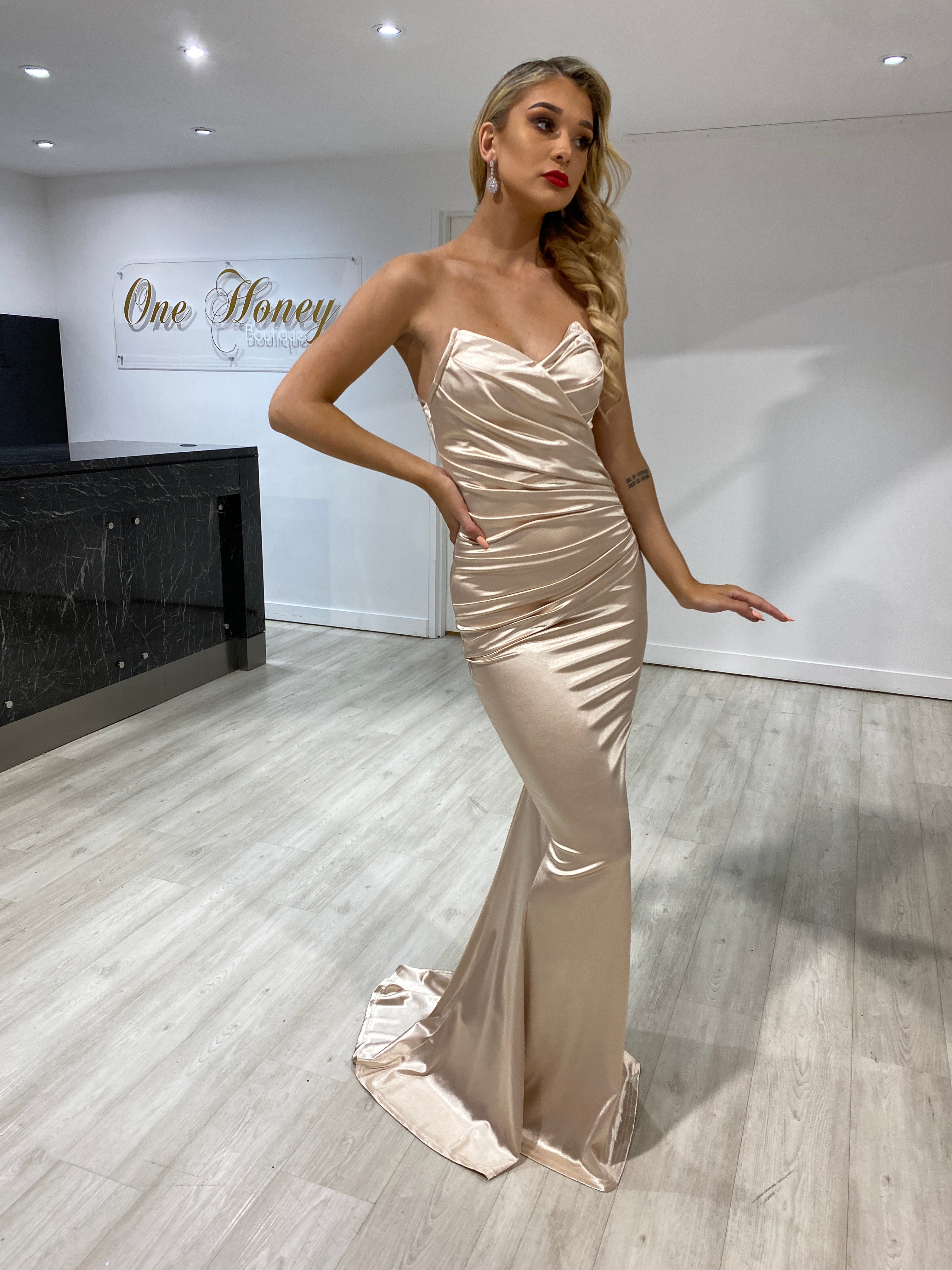 Honey Couture AZALIA Gold Silky Bustier Strapless Mermaid Formal Dress