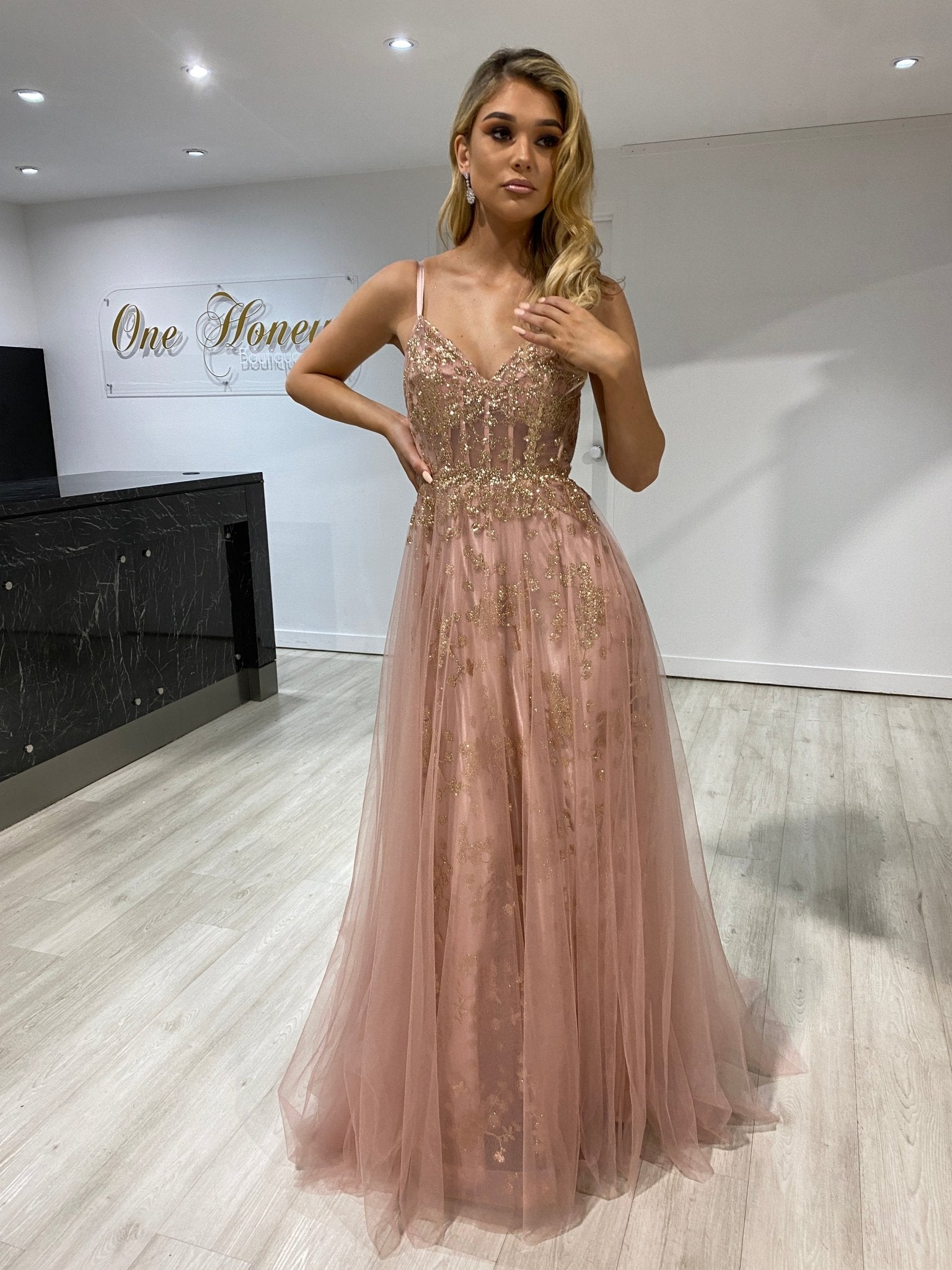 Honey Couture NORA Rose Gold Tulle Glitter Corset Formal Dress in Australia | One Honey Boutique