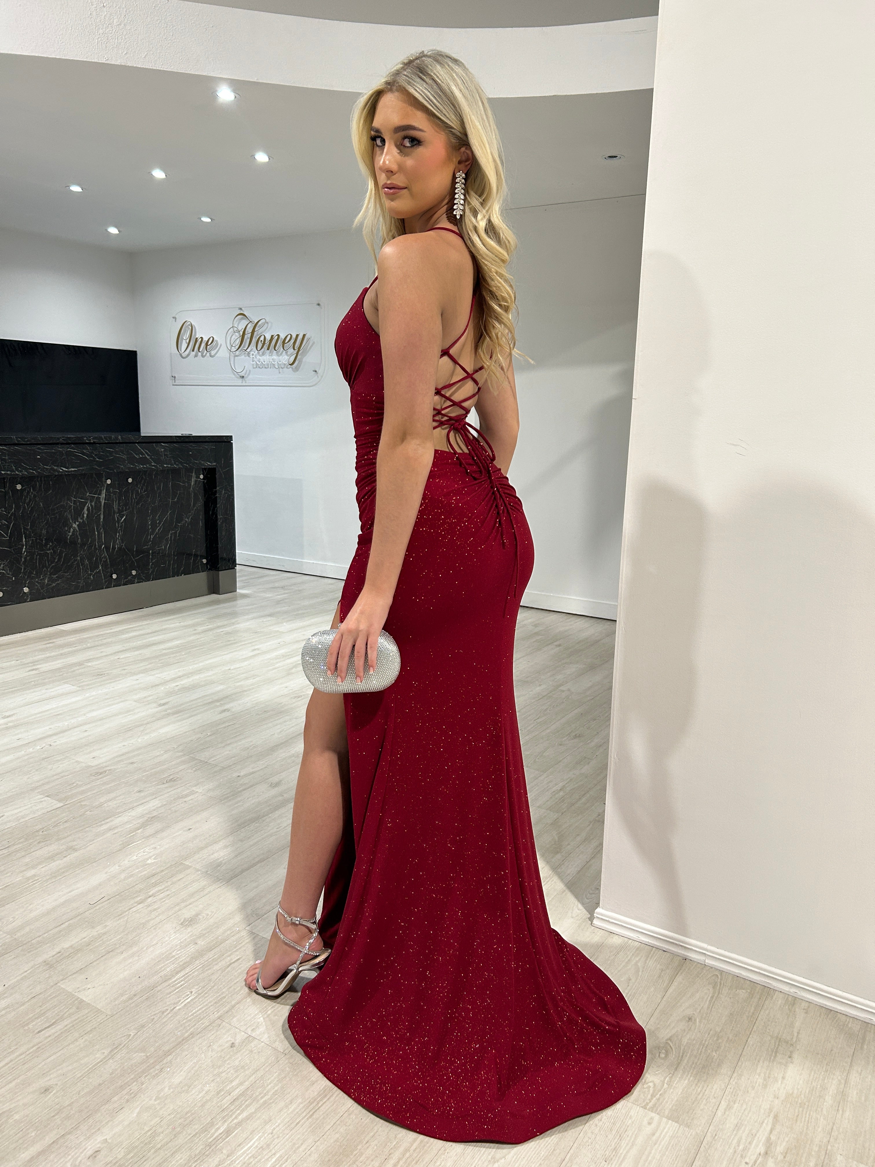 Honey Couture MISTELLA Red Crystal Feature Mermaid Formal Gown