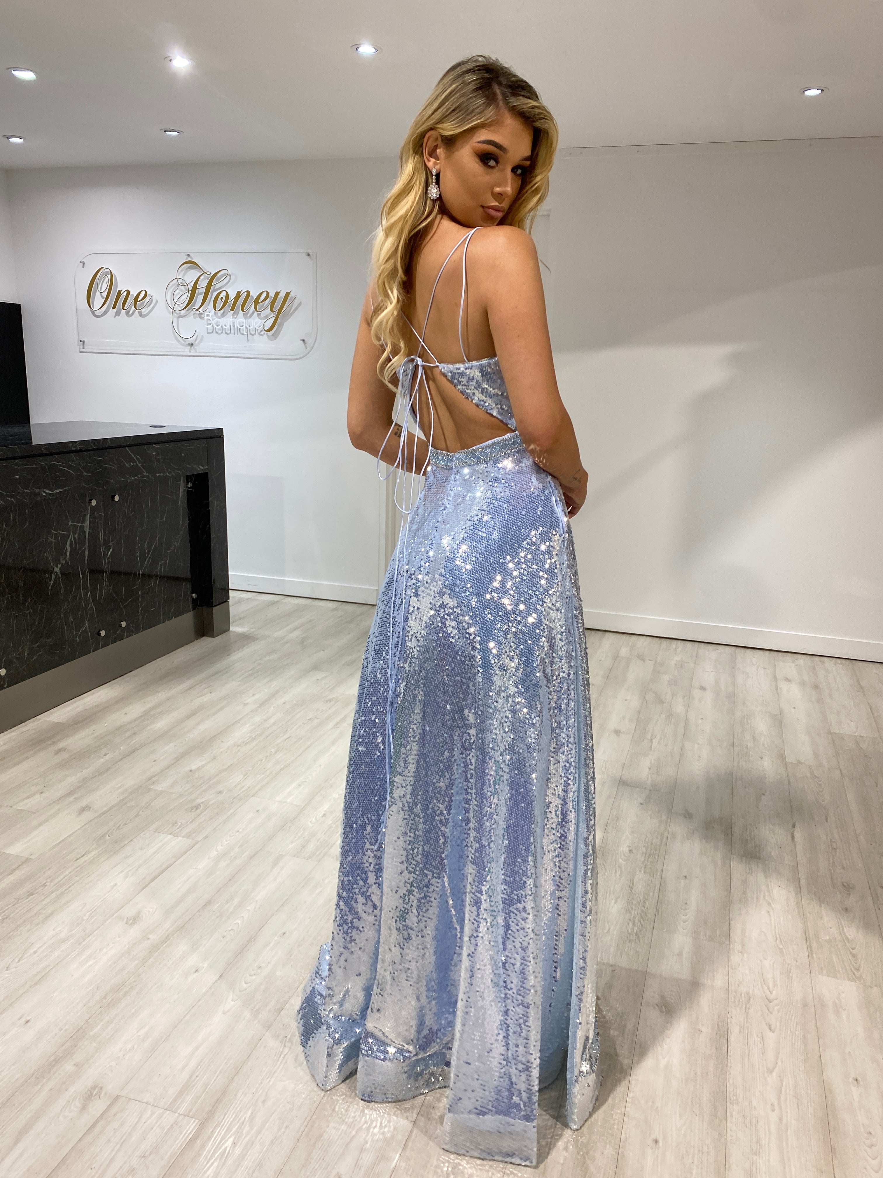 Honey Couture LAURA Baby Blue Sequin Corset Back Ballgown Formal Dress