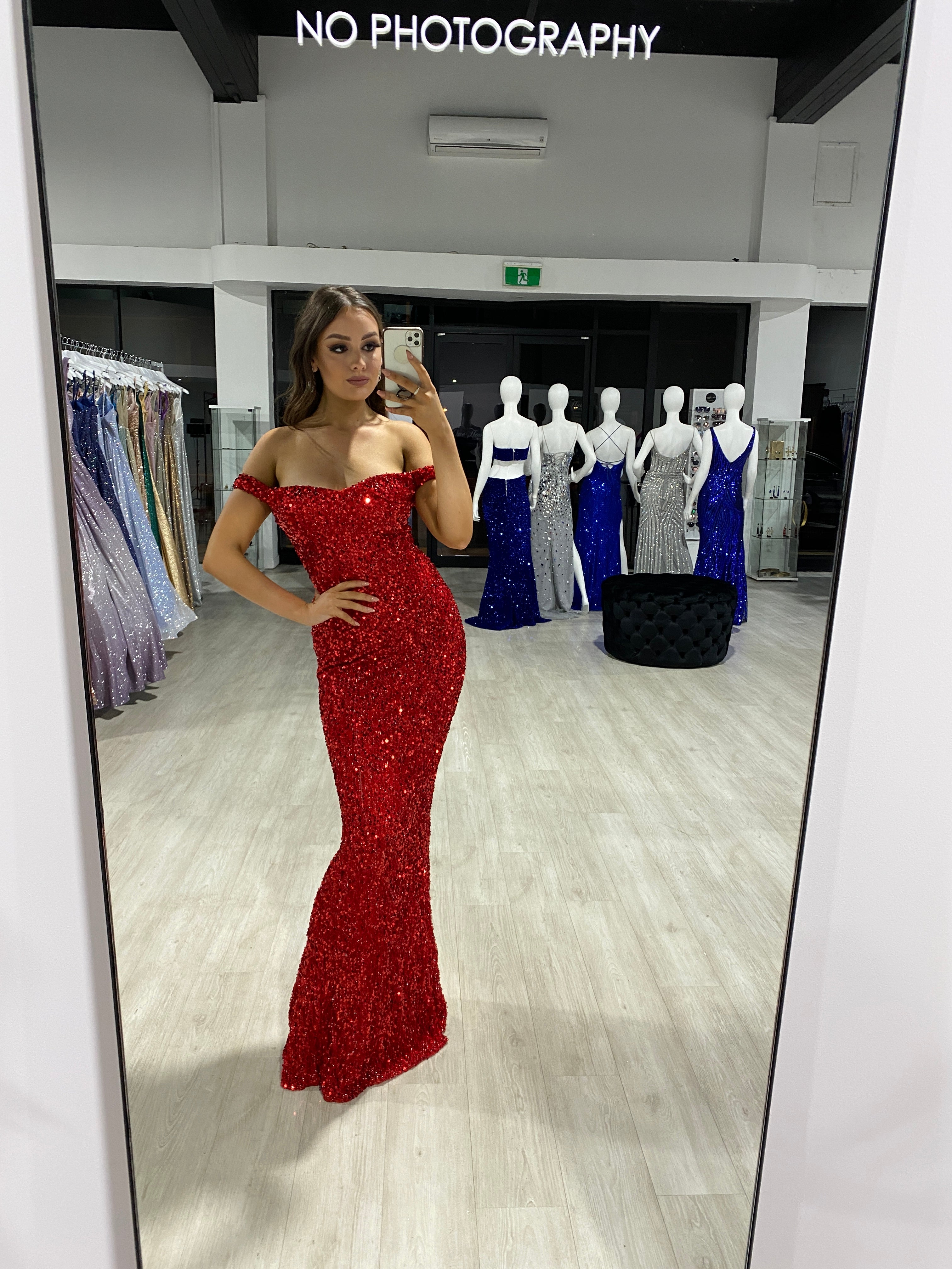 Honey Couture BLAIR Red Sequin Off Shoulder Formal Gala Dress