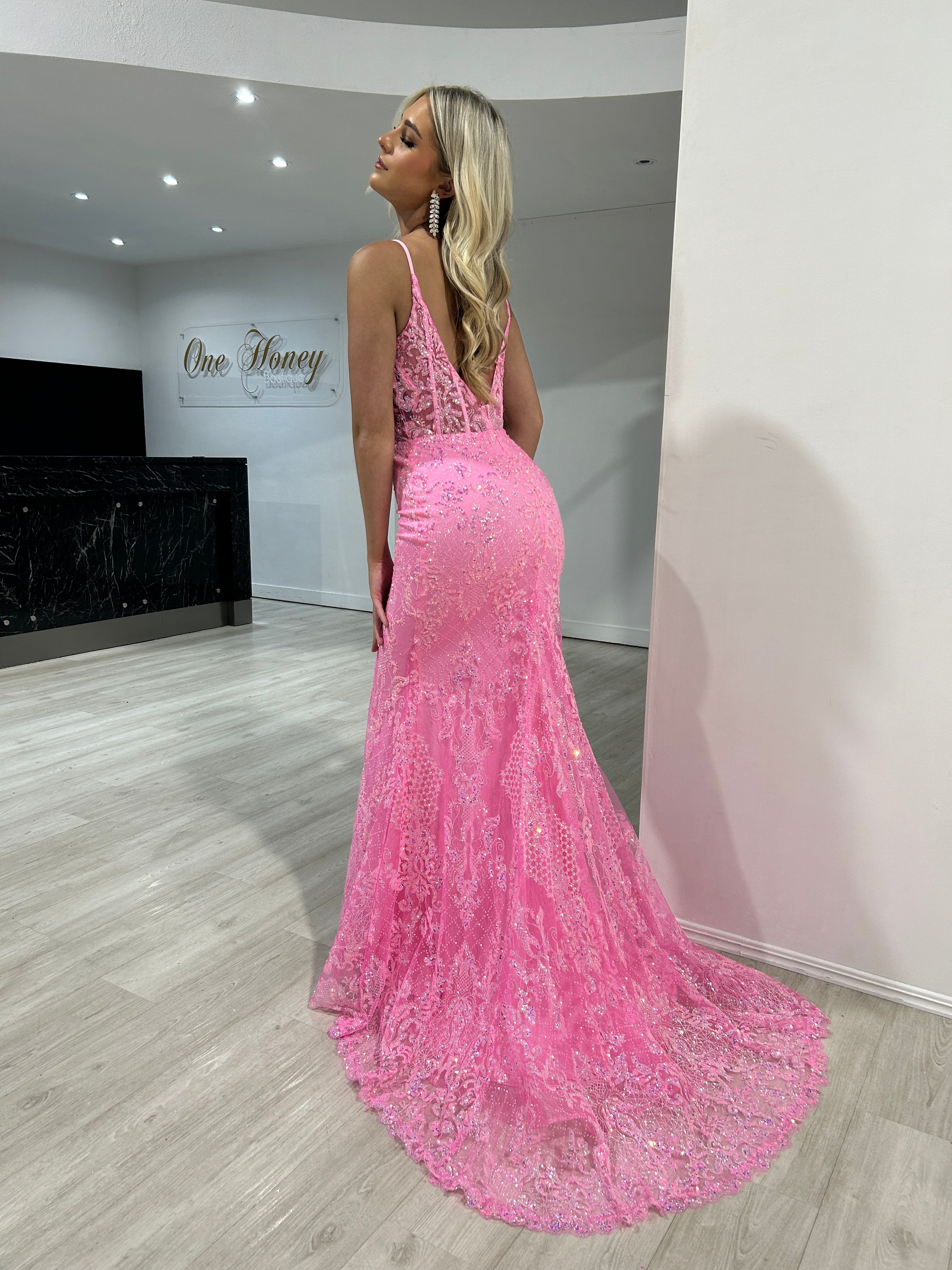 Honey Couture PETRA Neon Pink Sequin V Front Corset Mermaid Formal Gown Dress