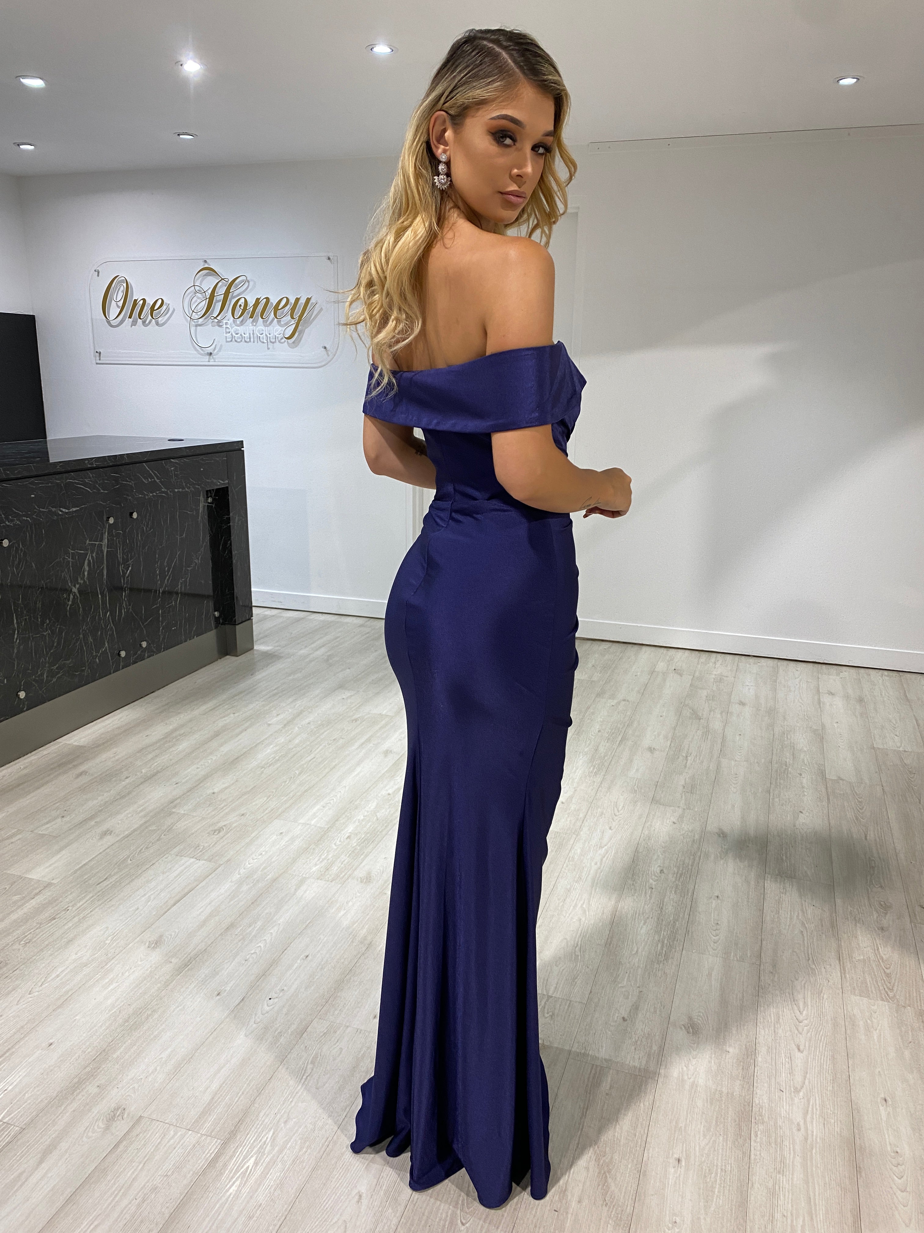 Honey Couture LAILA Navy Blue Off Shoulder Silky Formal Dress