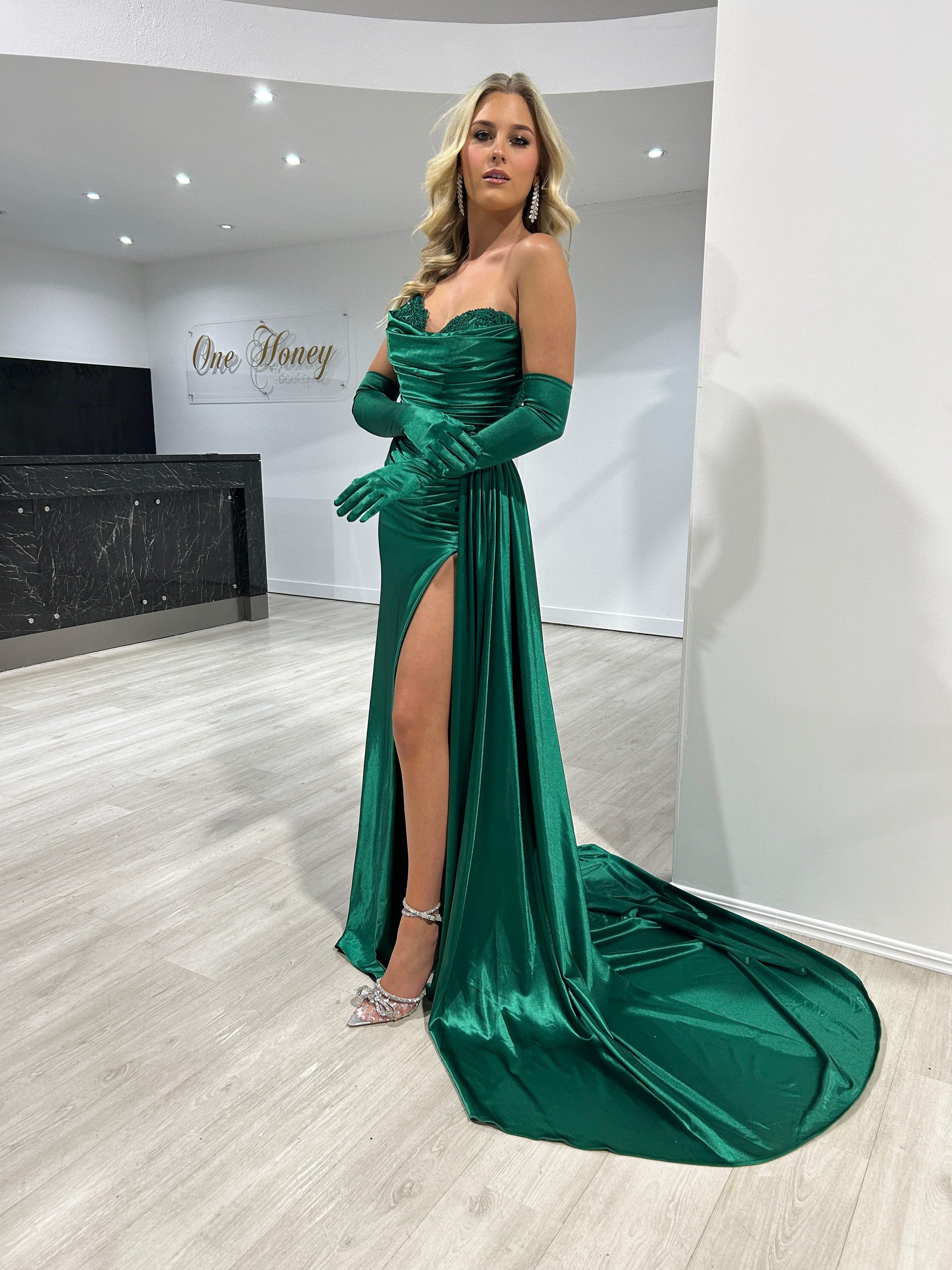 Sherri Hill 55230 Dark Emerald Silky Strapless Diamante Detail Leg Split Mermaid Formal Dress