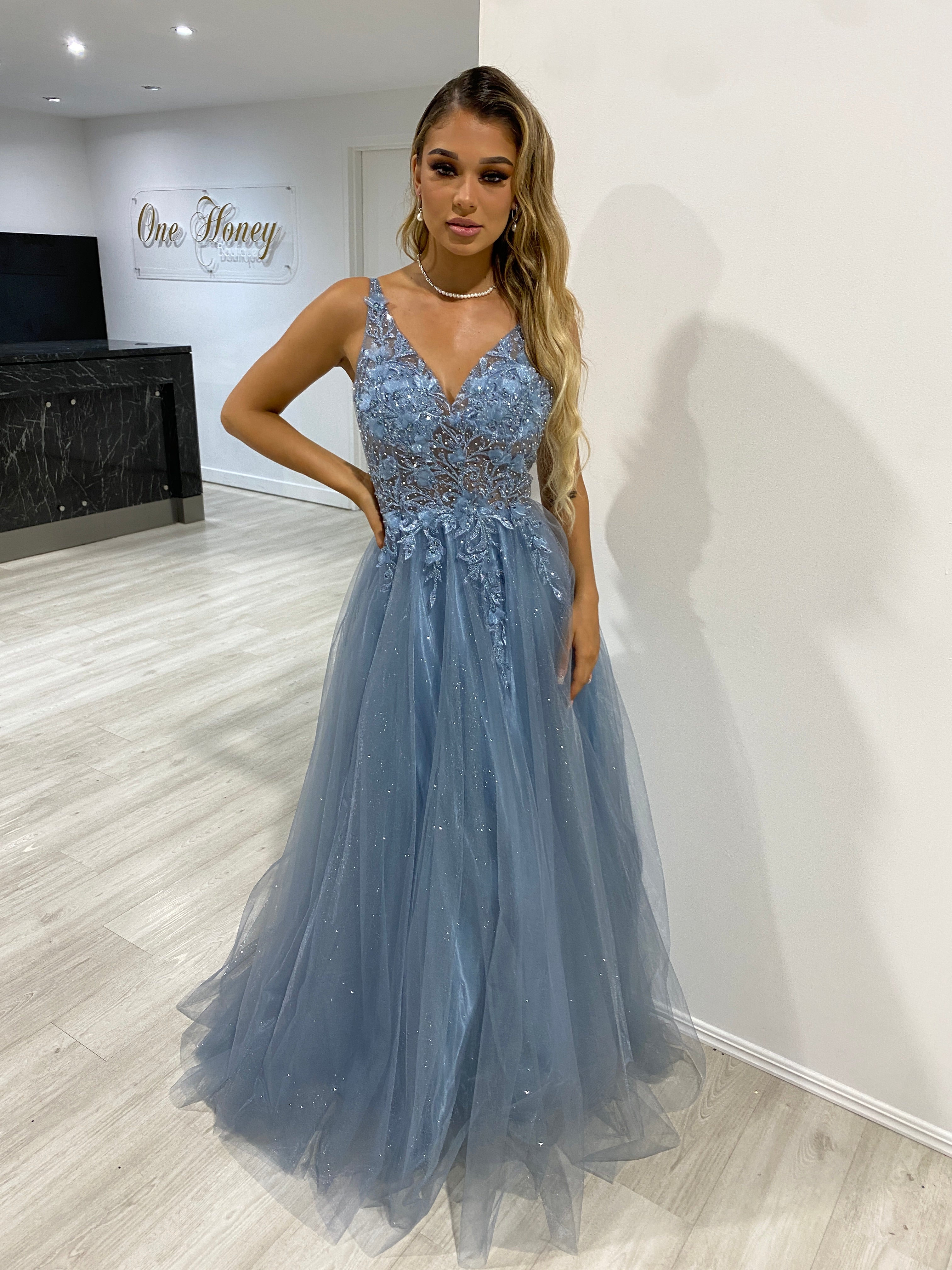 Honey Couture DEMIKA Smokey Blue 3D Flowers Tulle Formal Gown Dress