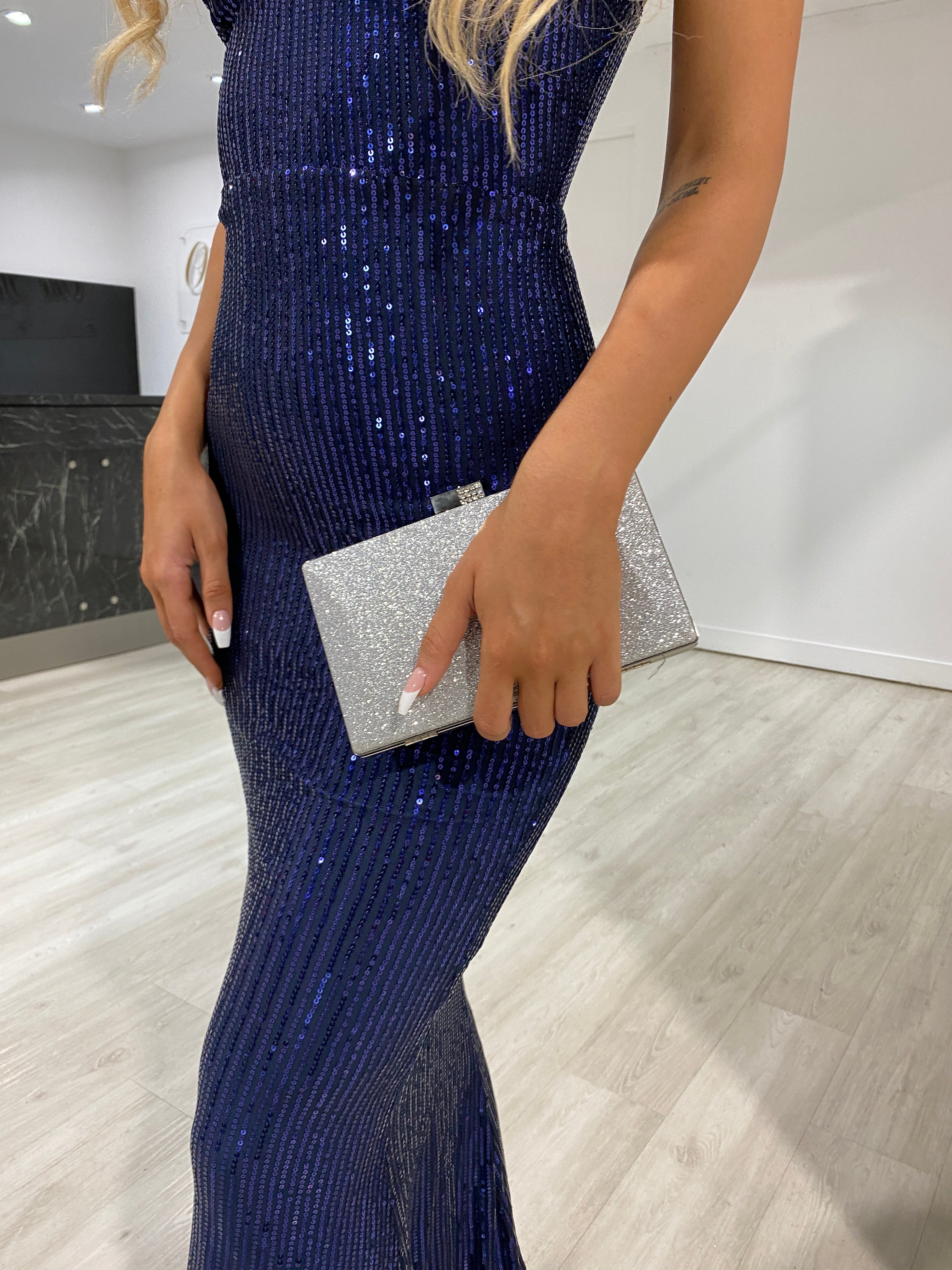 Honey Couture SHAYE Navy Blue Sequin Dress