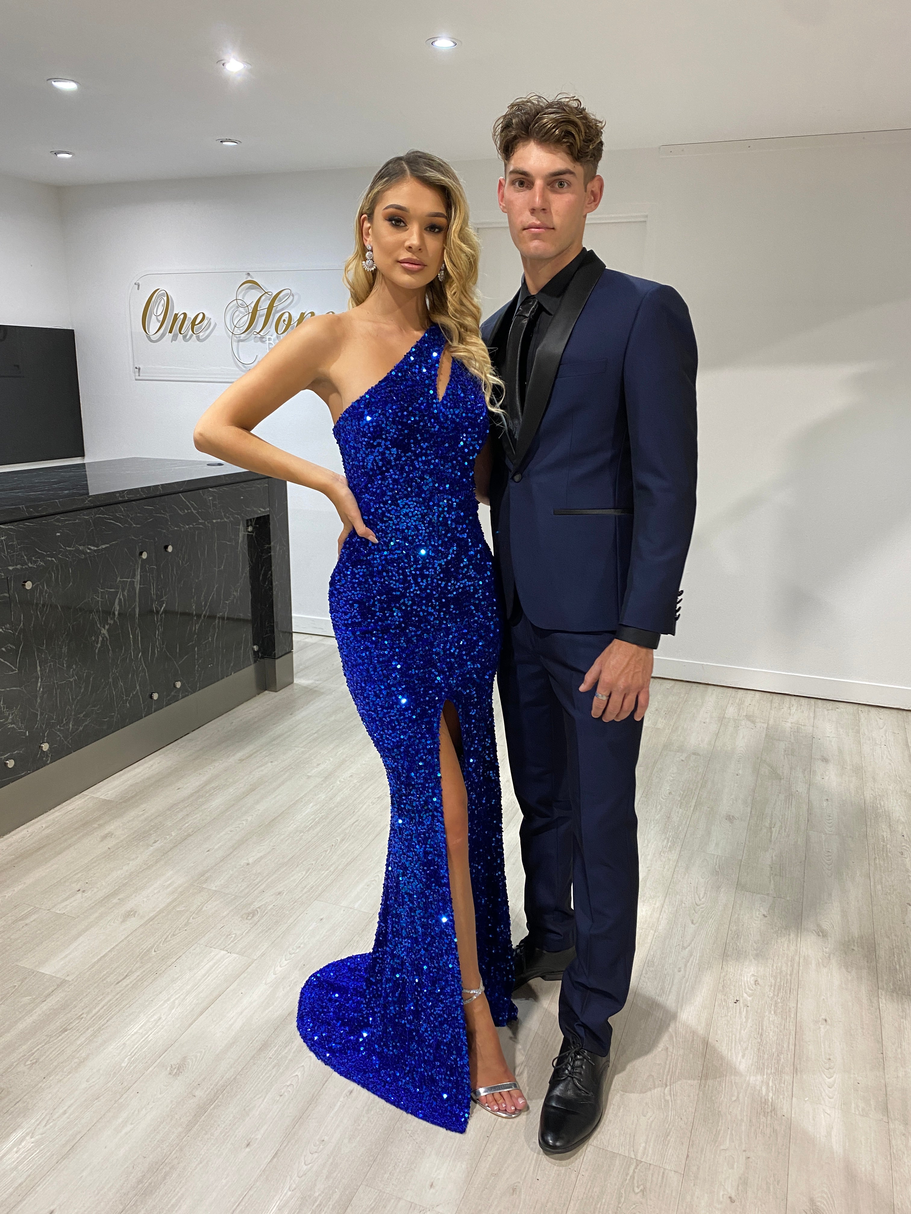 Honey Couture ADRIANNA Electric Blue Sequin One Shoulder Mermaid Forma