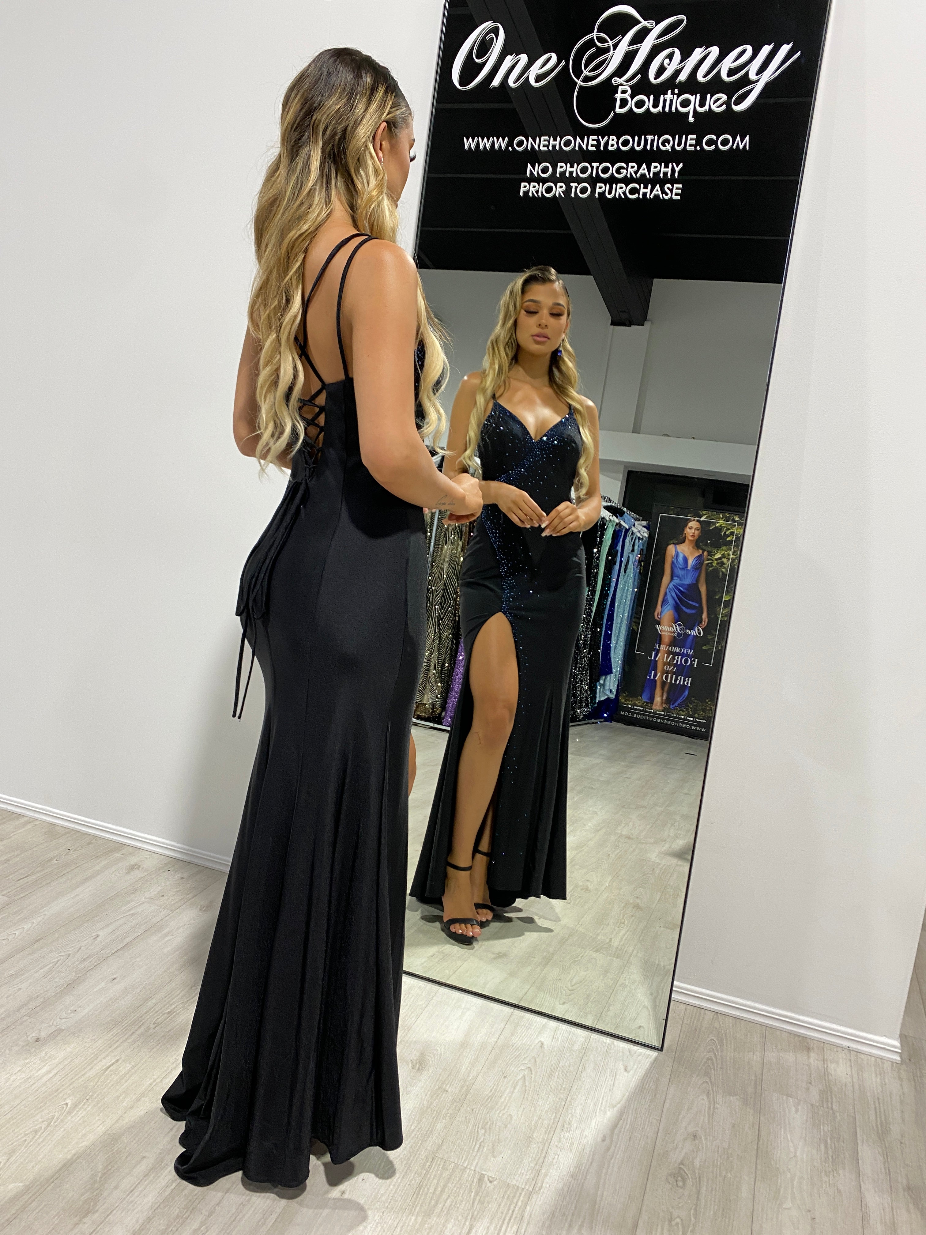 Honey Couture ORINA Black Diamante V Front Leg Split Formal Dress