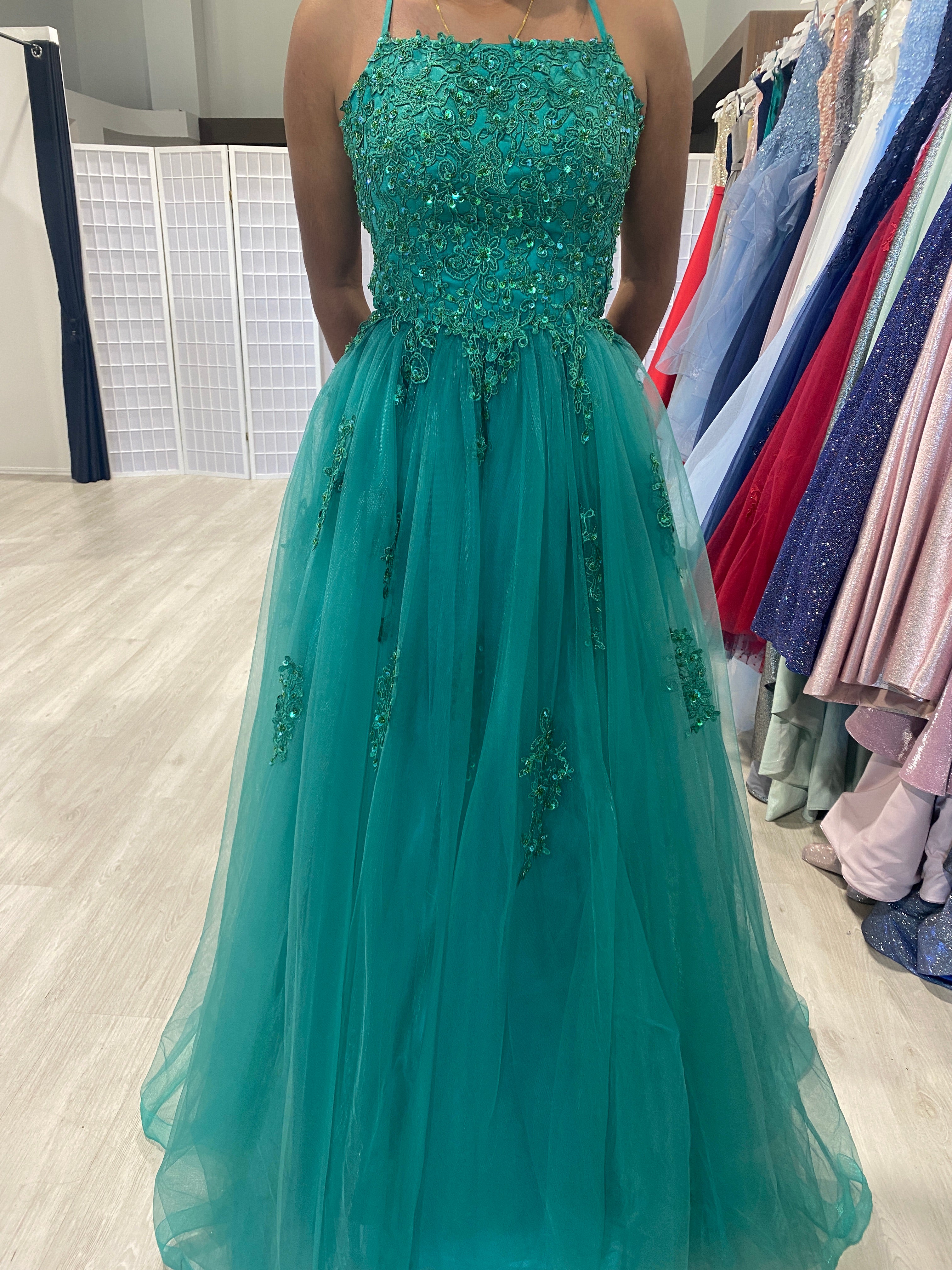 Honey Couture FREYA Beaded Applique Corset Lace Up Back Tulle Skirt Formal Dress