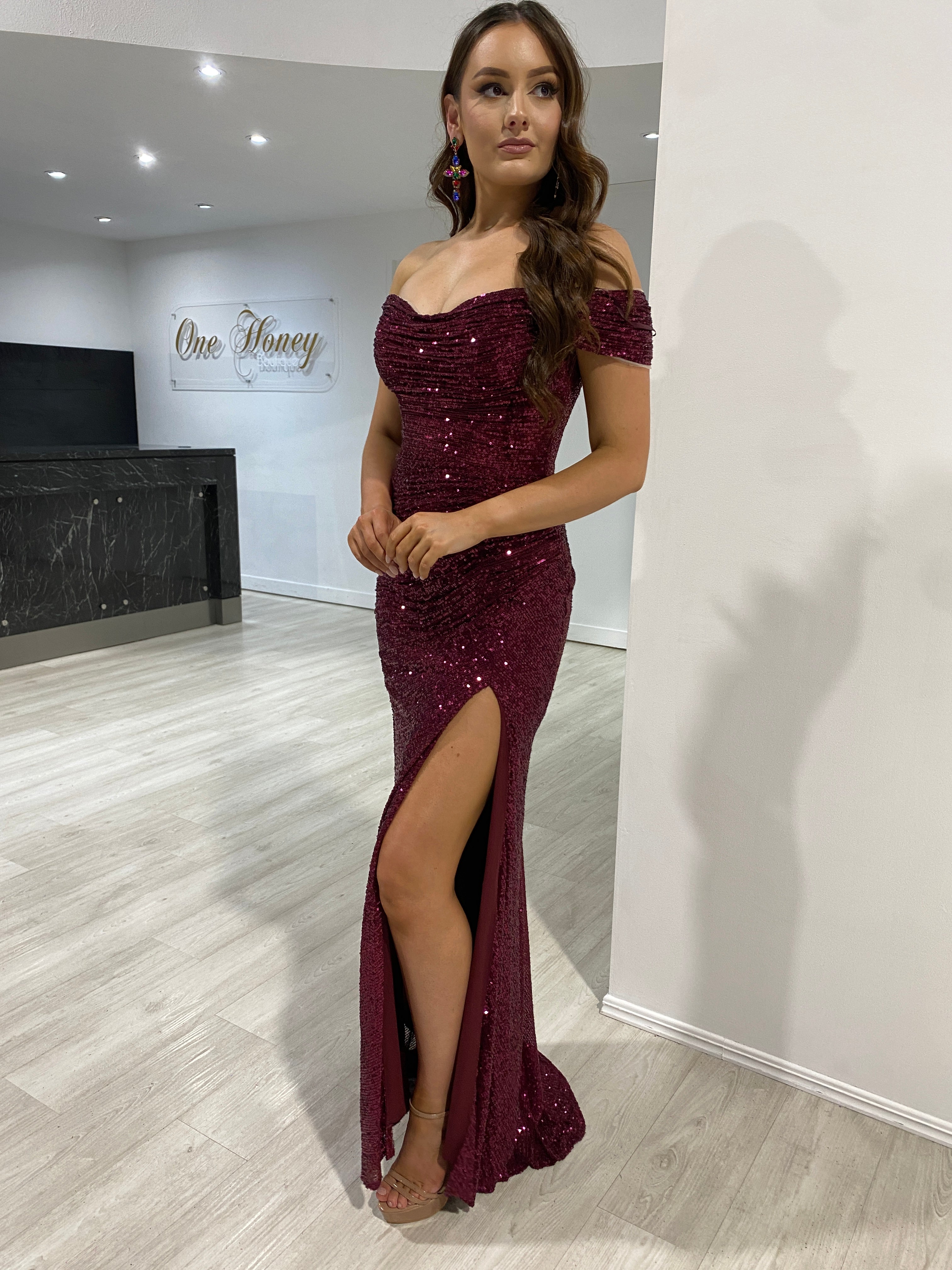 Honey Couture ALLEGRA Wine Off The Shoulder Sequin Lace Up Formal Dress