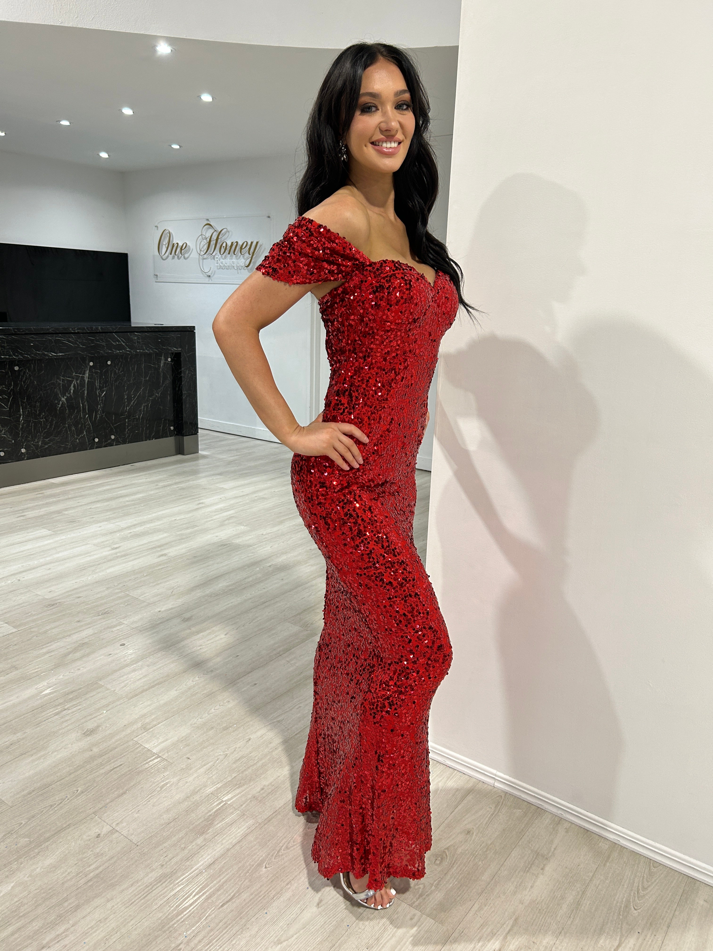Honey Couture COLLEN Red Off The Shoulder Mermaid Evening Dress