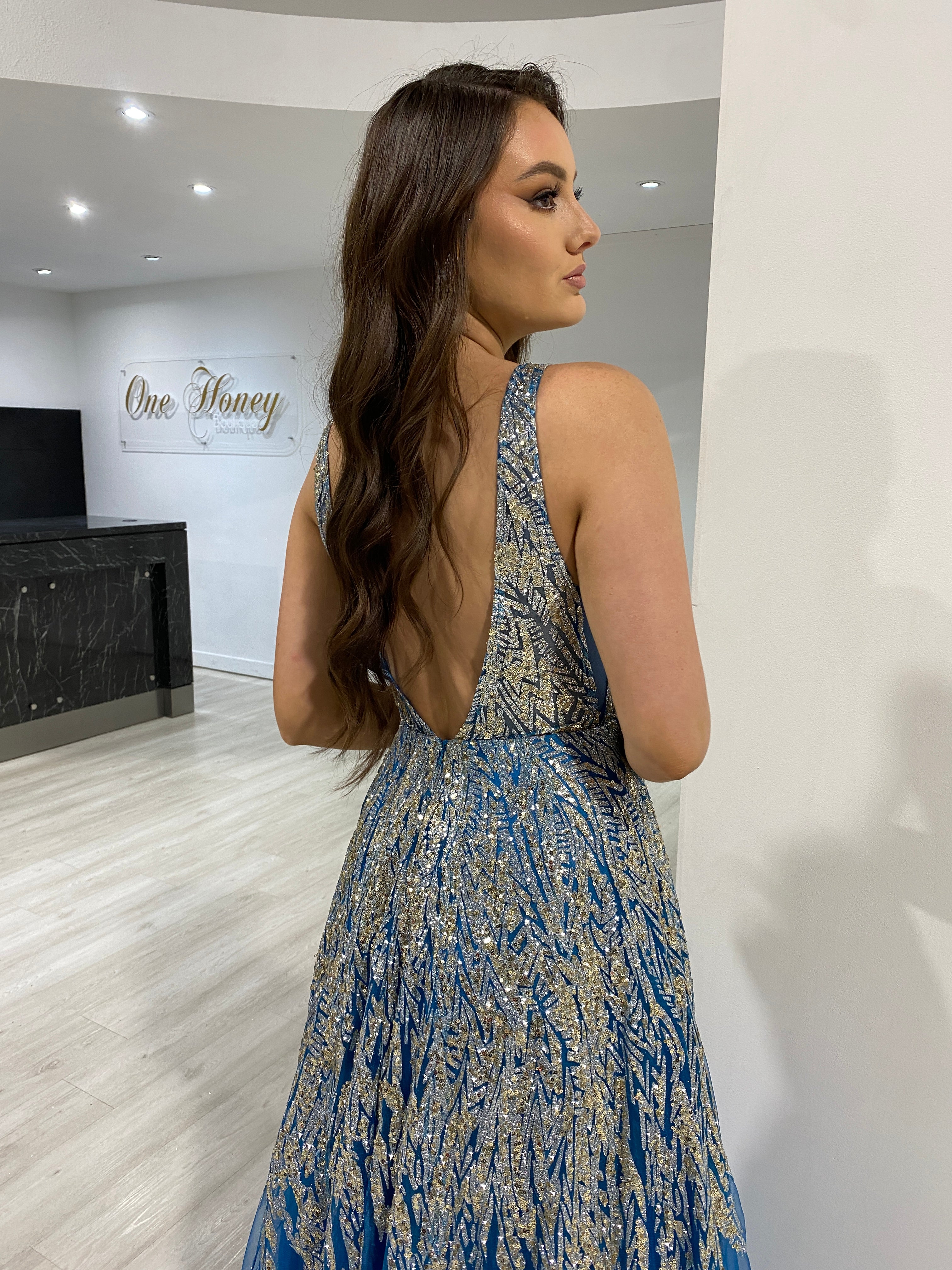 Honey Couture VIANNE Peacock Blue Glitter Tulle Formal Dress