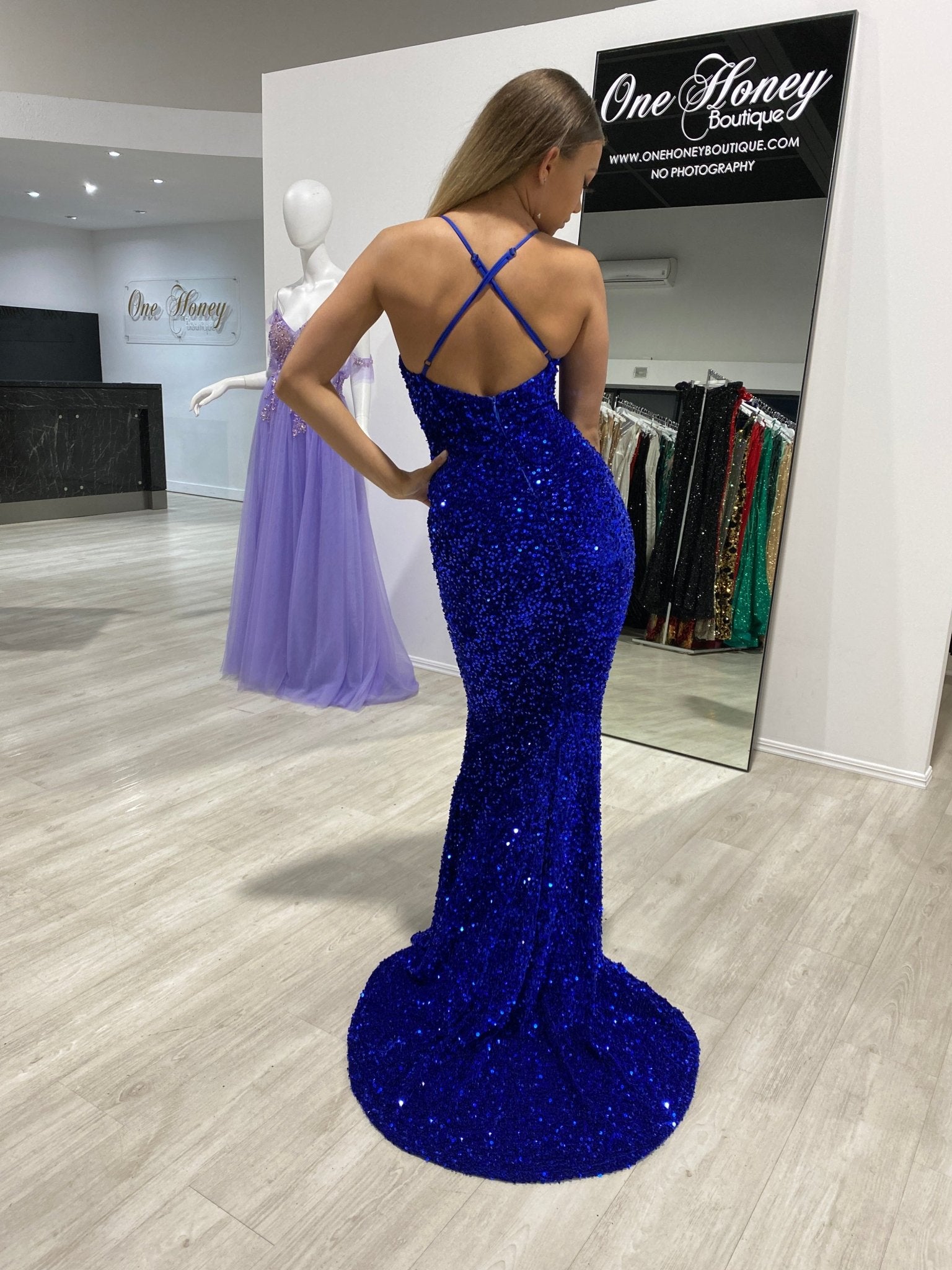 Honey Couture TAYTUM Electric Blue Sequin Mermaid Evening Gown Dress in Australia | One Honey Boutique