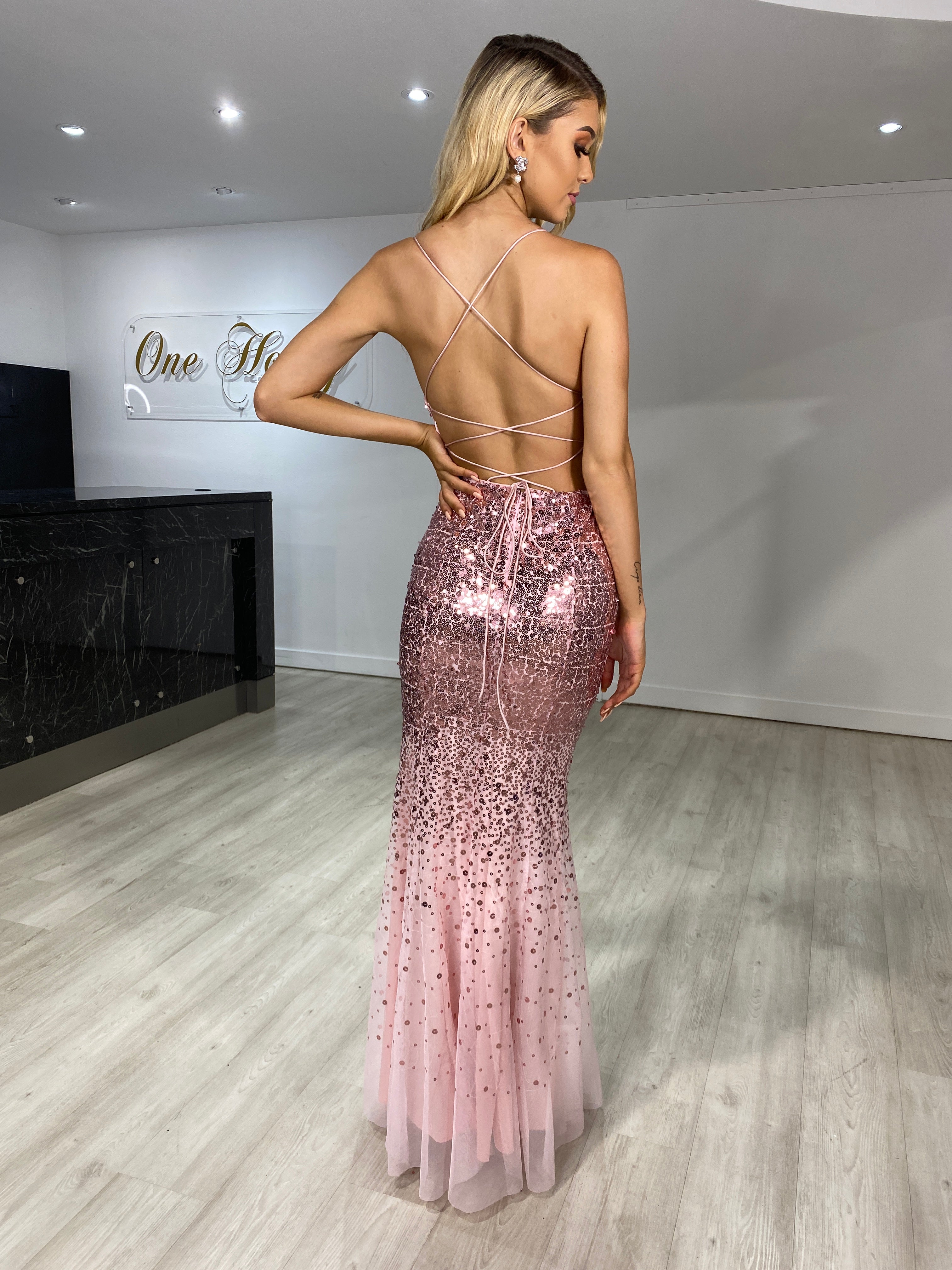 Honey Couture KALLIE Pink Sequin Ombre Corset Formal Dress