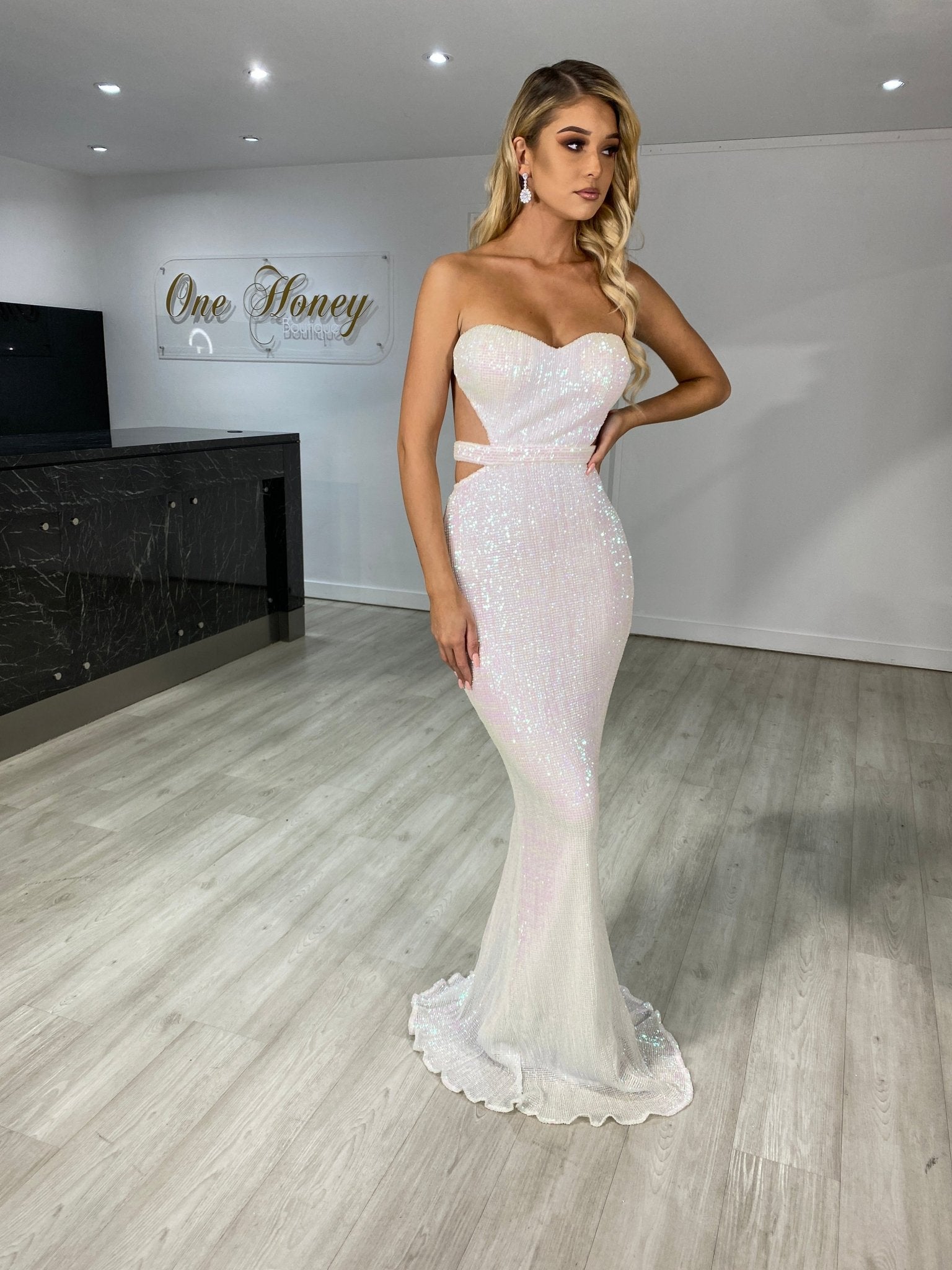 Honey Couture ELISE Holo Silver Sequin Low Back Mermaid Evening Gown Dress in Australia | One Honey Boutique