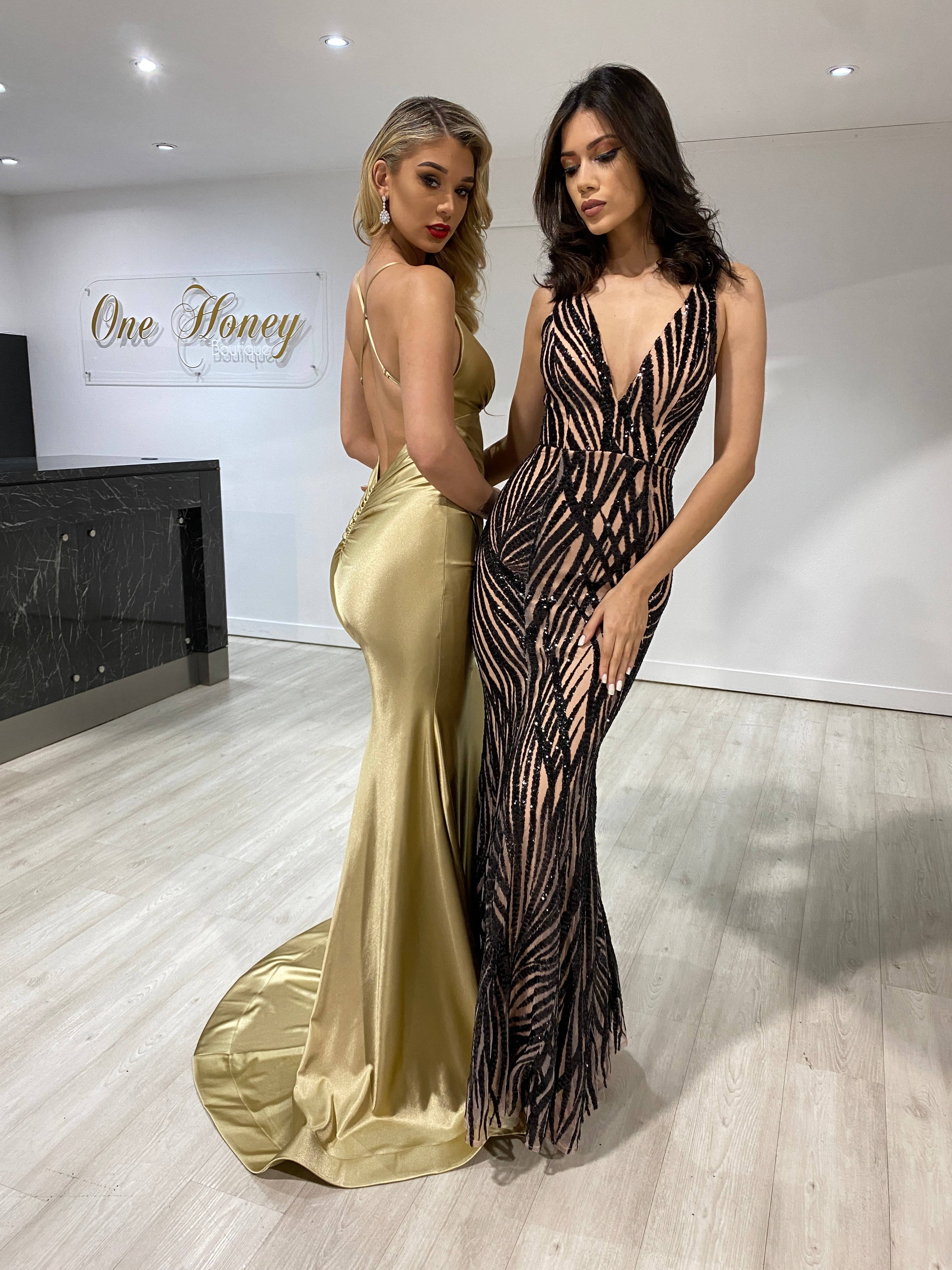 Honey Couture COCO Gold Low Back Bum Ruching Mermaid Formal Dress