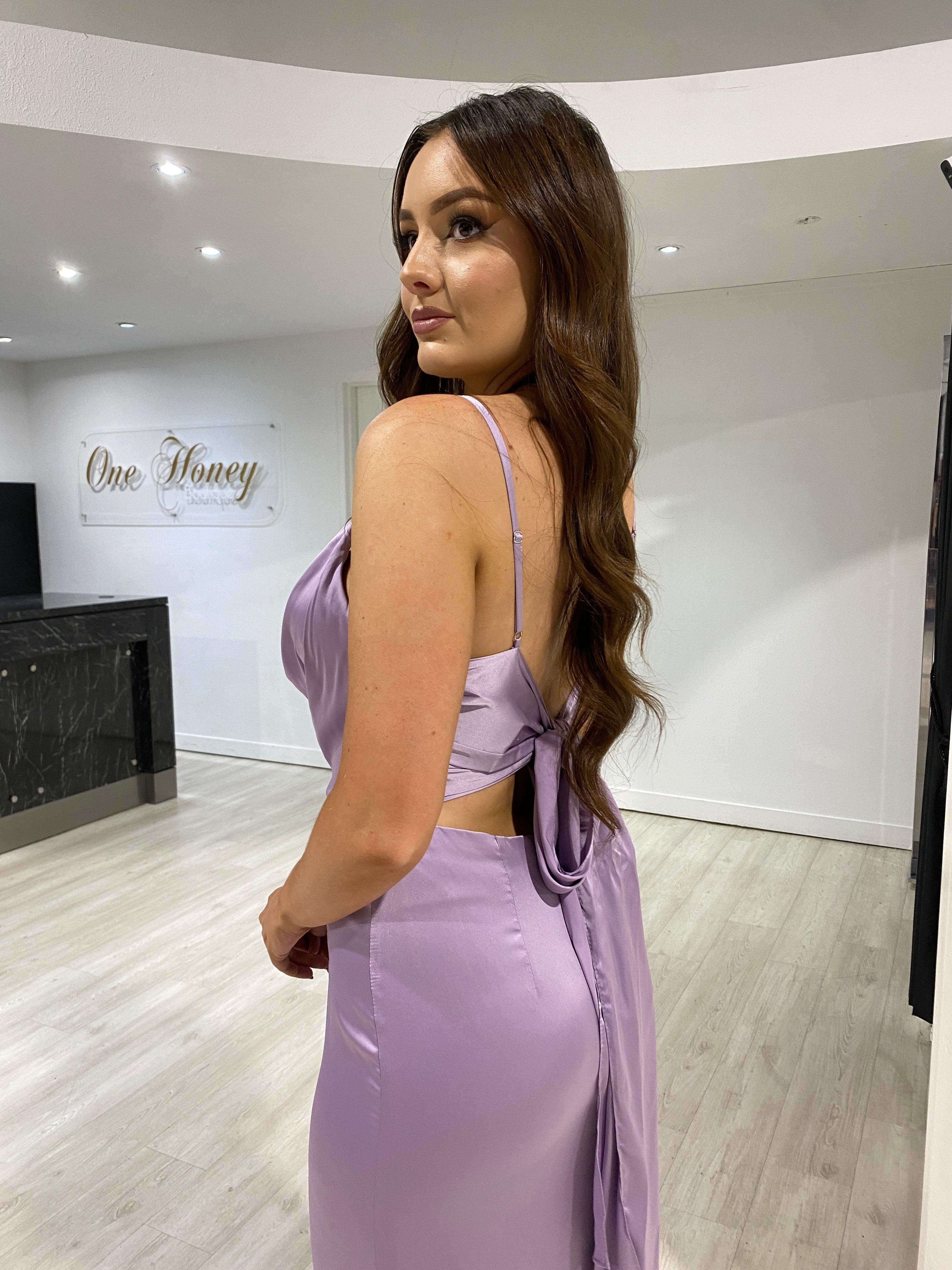 Honey Couture TALEAH Lavender Cowl Neck Silky Formal Dress