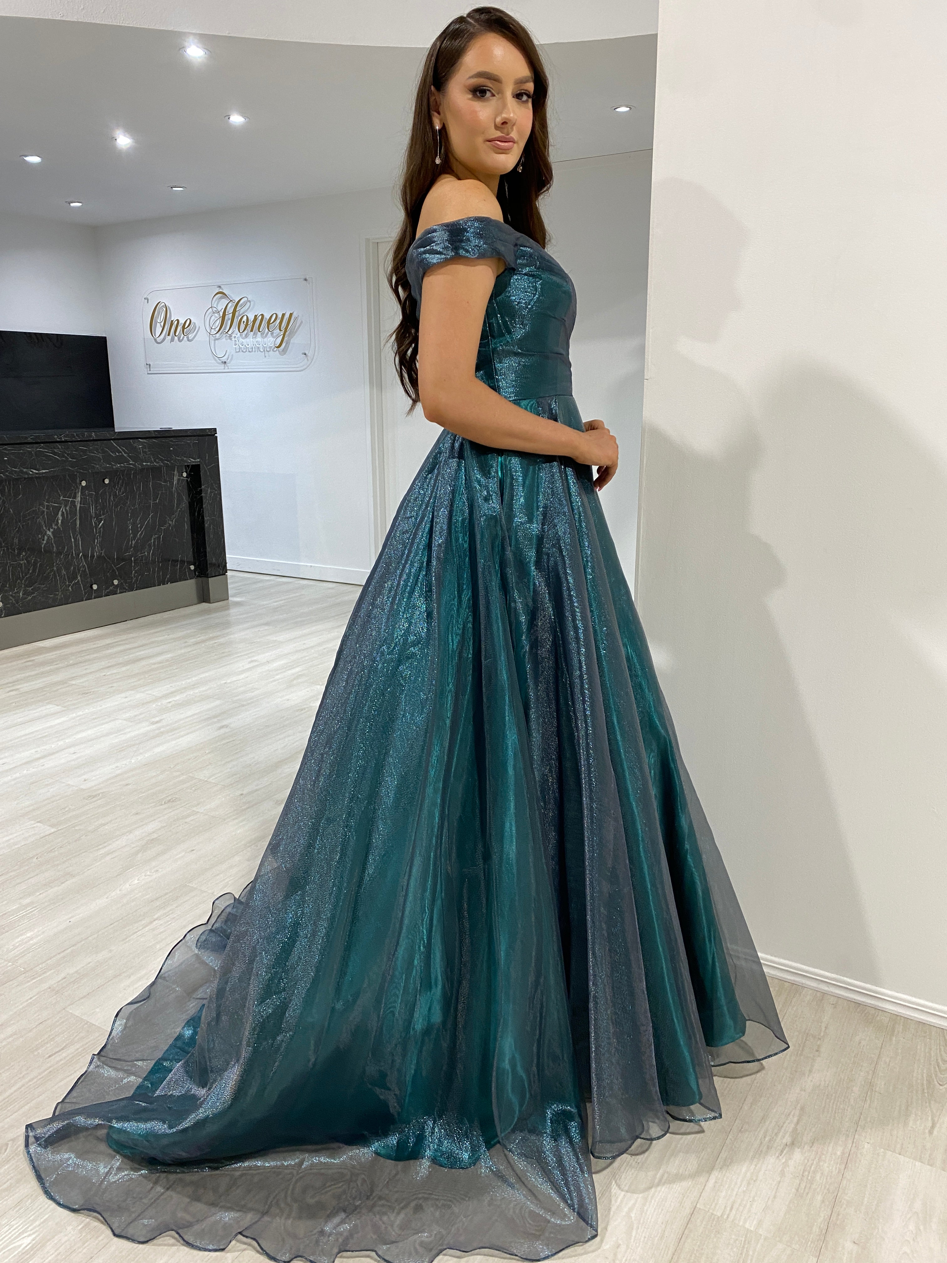 Honey Couture SARIA Emerald Green Shimmer Ballgown Formal Dress