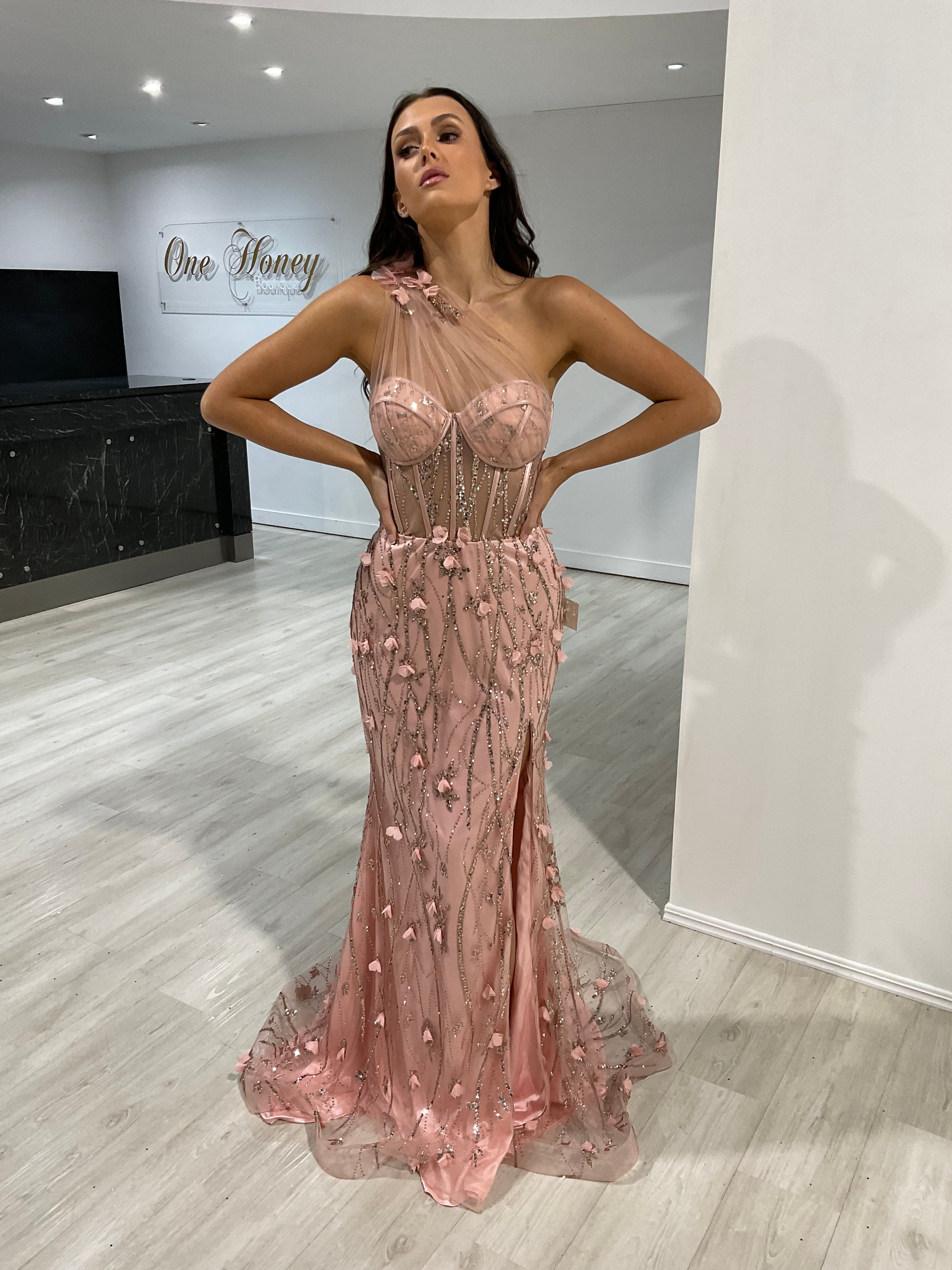 Honey Couture AMINA Blush Pink One Shoulder Glitter Mermaid Formal Dress