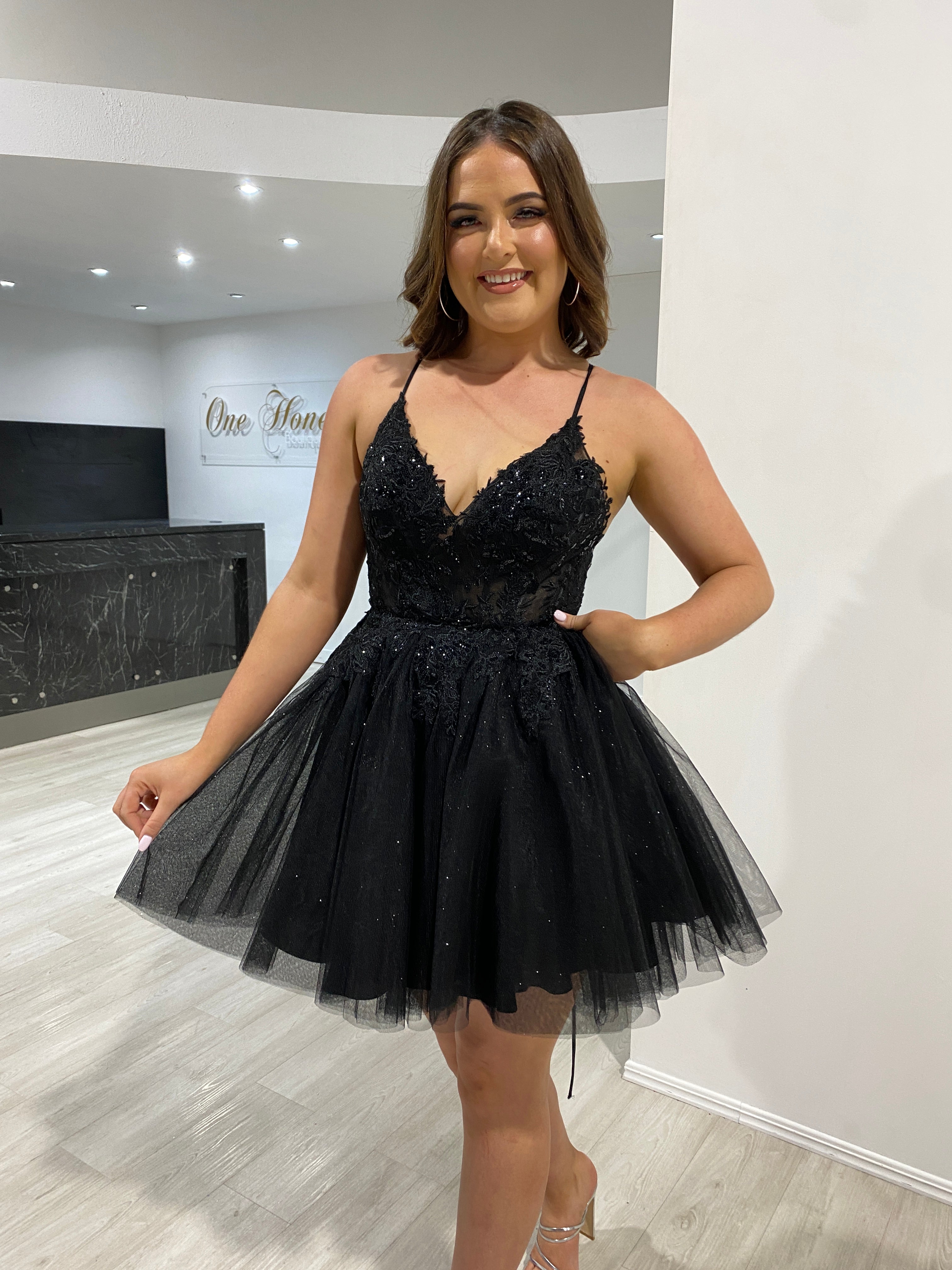 Honey Couture HAVEN Black Glitter Mini Party Dress