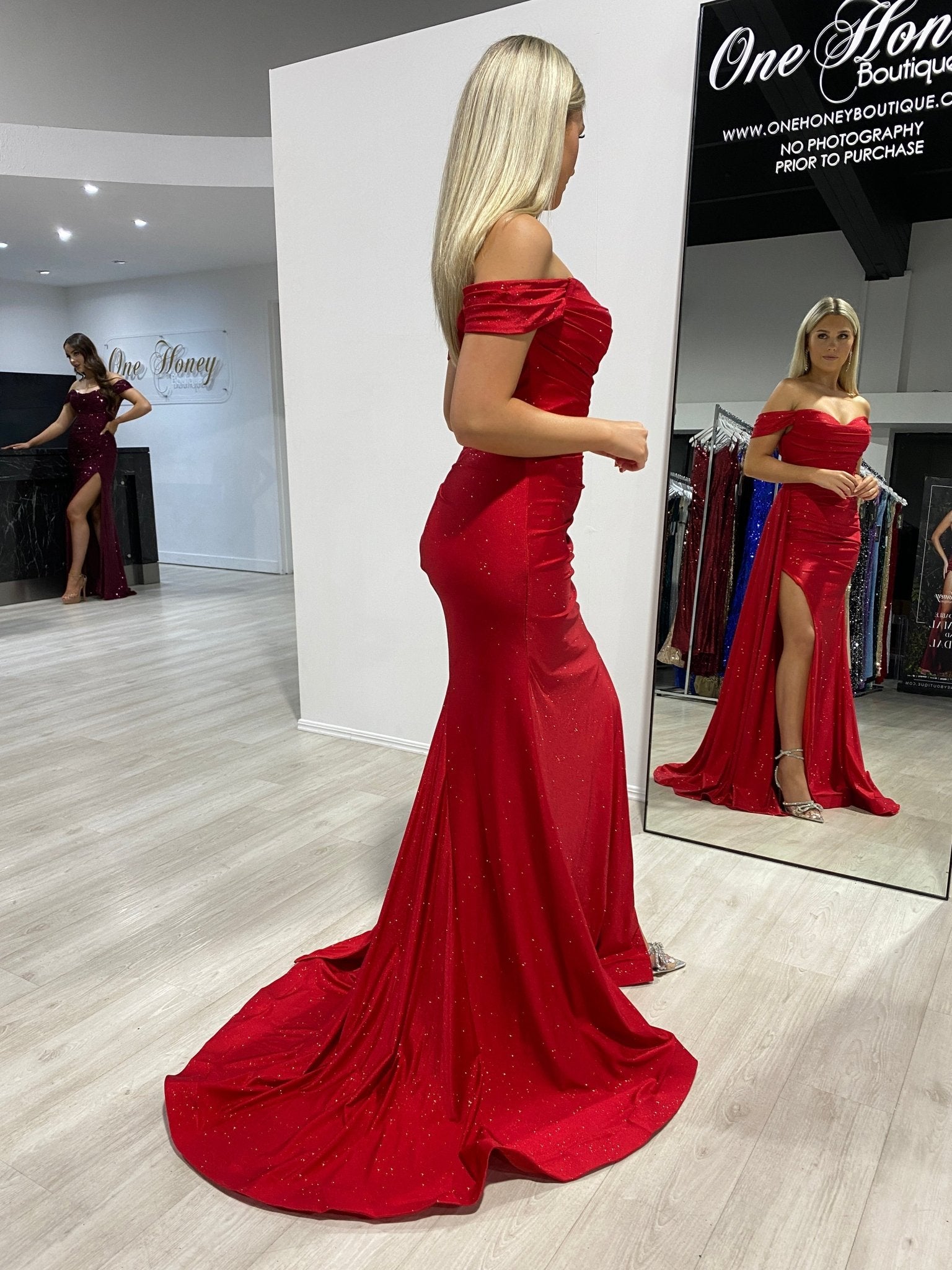 CHRISTINA Off Shoulder Glitter Shimmer Formal Dress w Gloves in Australia | One Honey Boutique