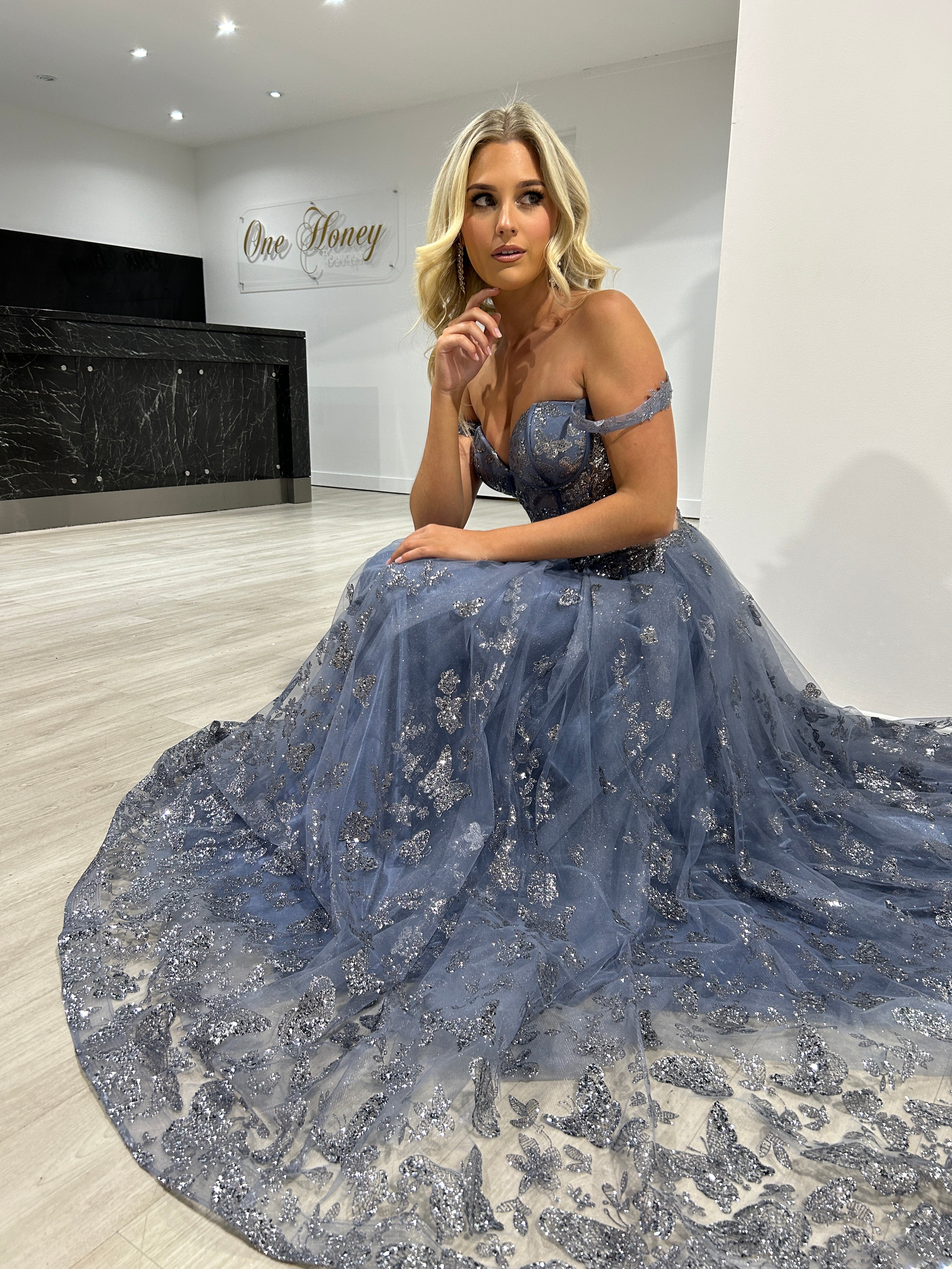 Honey Couture MIST Smokey Blue Glitter Off The Shoulder A-Line Formal Dress