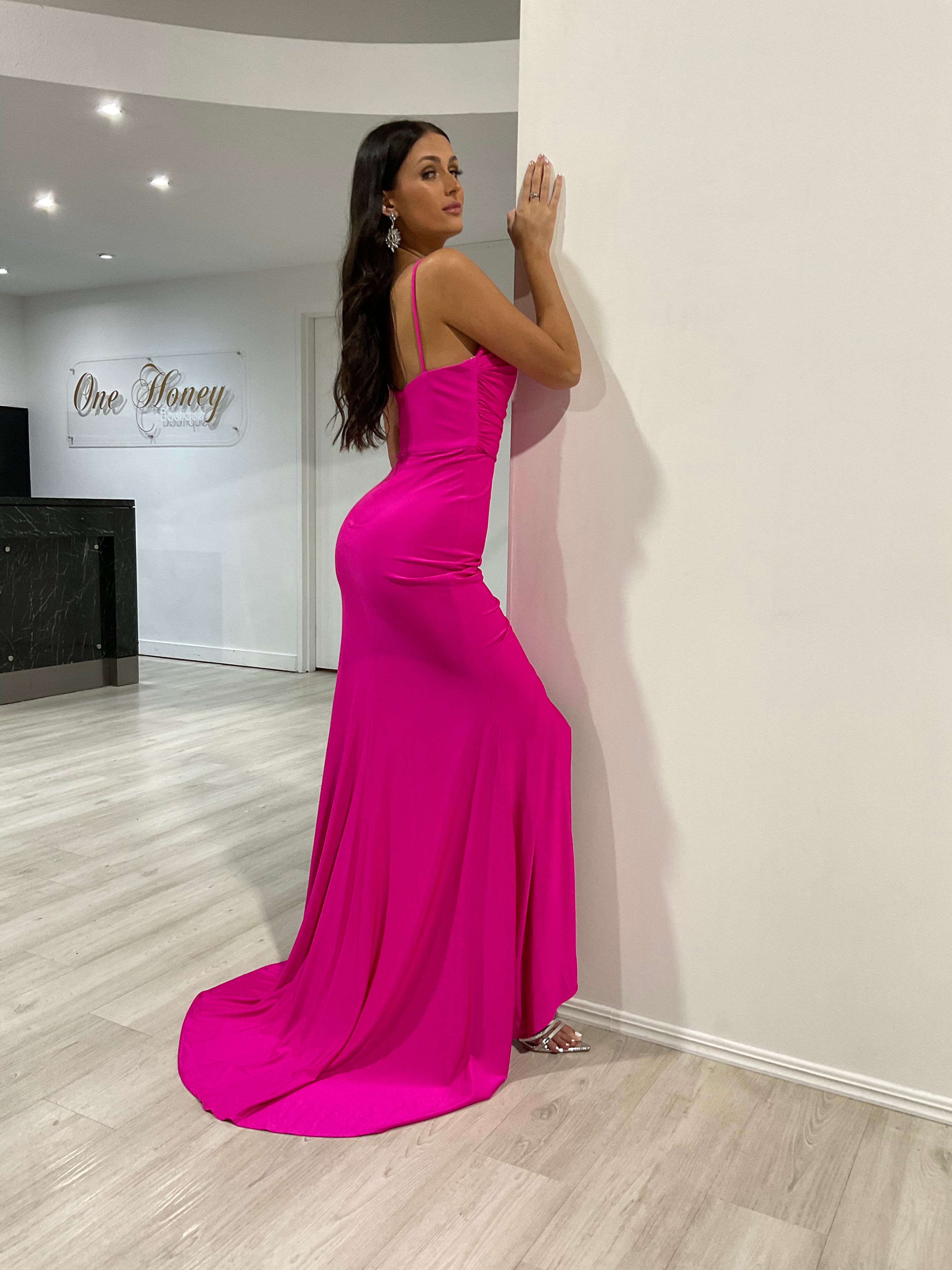 Honey Couture ZURI Neon Pink Corset Ruched Formal Gown Dress