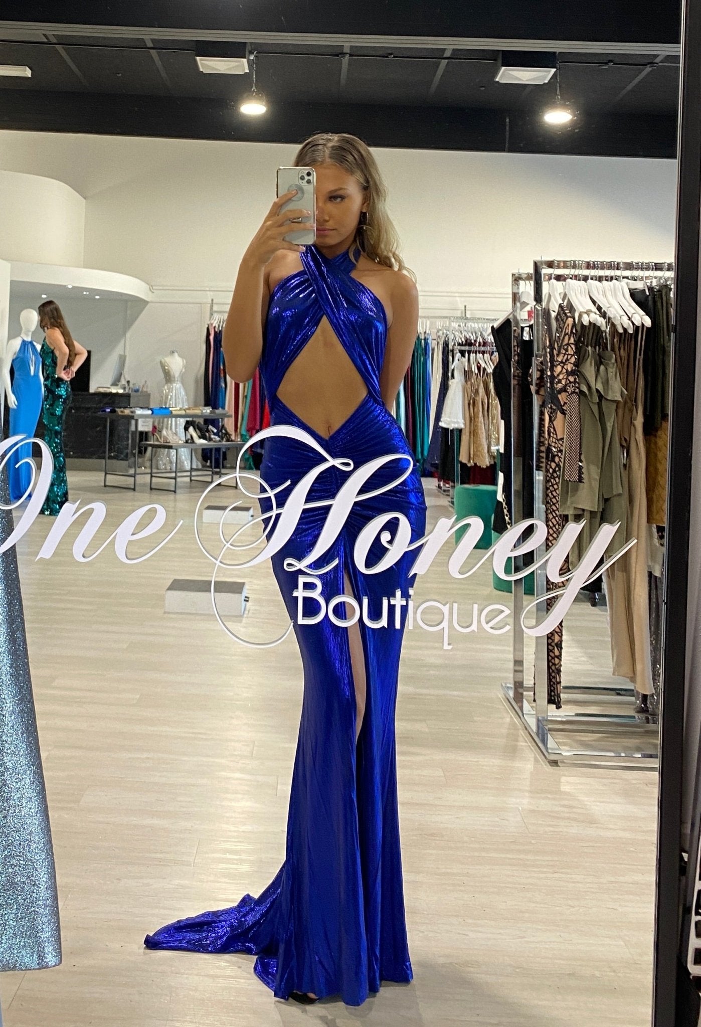 Honey Couture DARIA Electric Blue Bum Ruching Cut Out Tie Up Formal Dress in Australia | One Honey Boutique