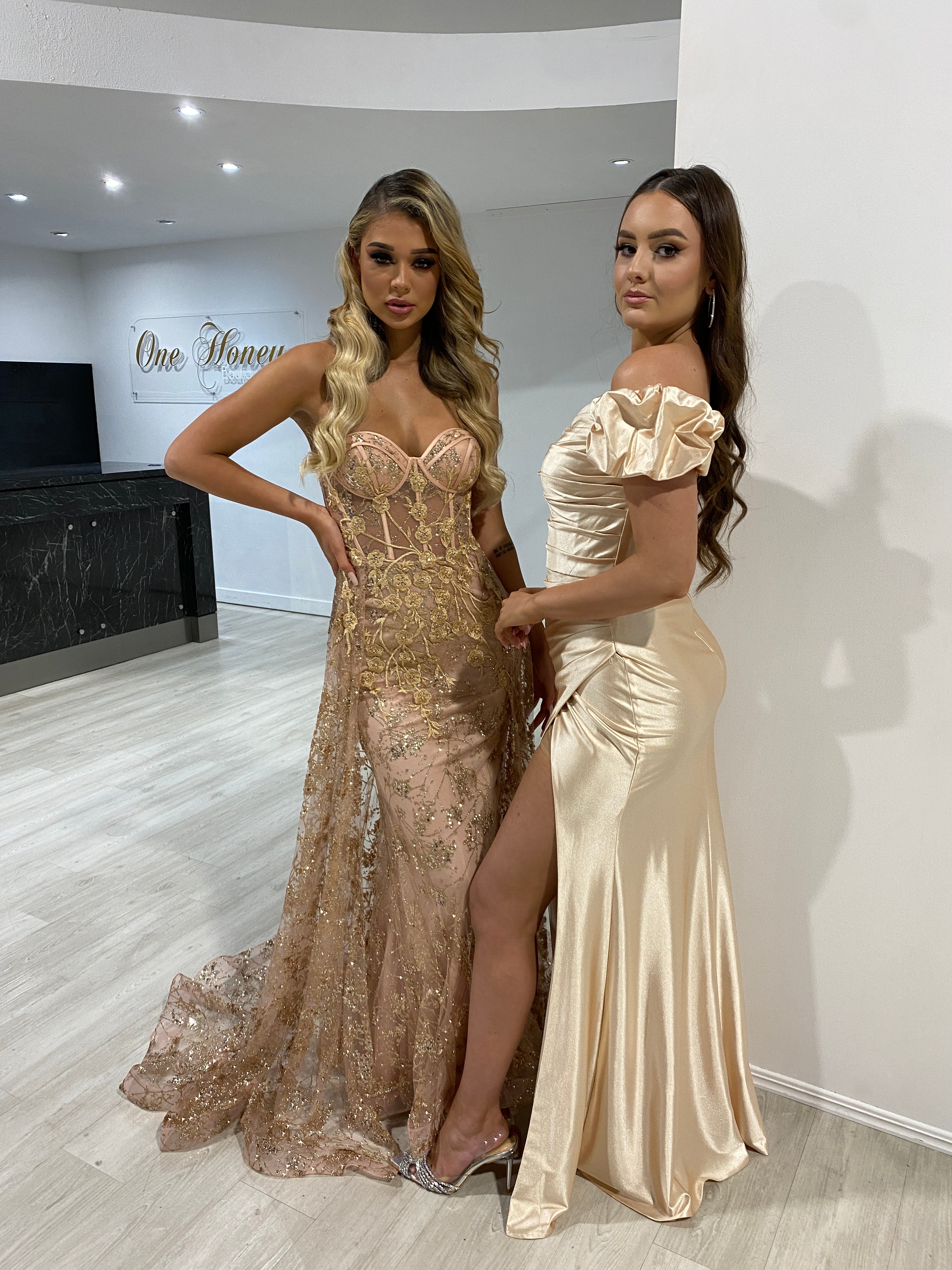 Honey Couture ASTRA Rose Gold Glitter Strapless Corset Overskirt Formal Dress