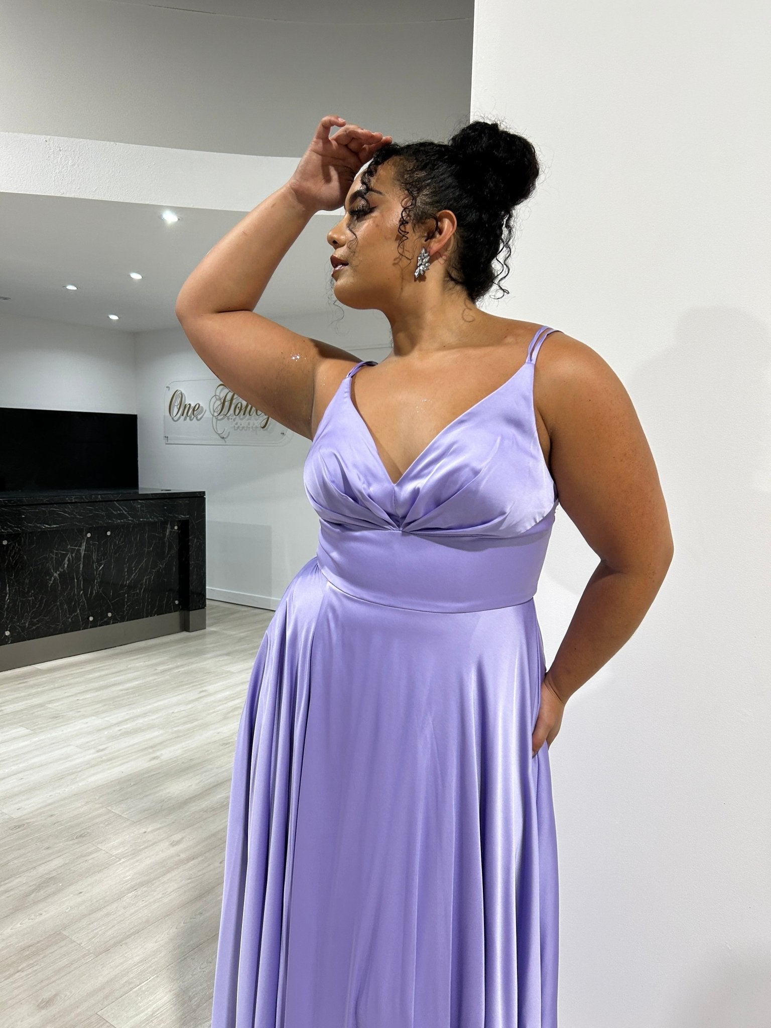 Honey Couture ROSALIA Curve Lavender Silky A Line Formal Dress in Australia | One Honey Boutique